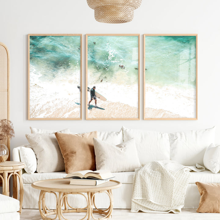 Surfer Shore Beach Decor Wall - Natural Wood Framed Poster No Border - Artworksets