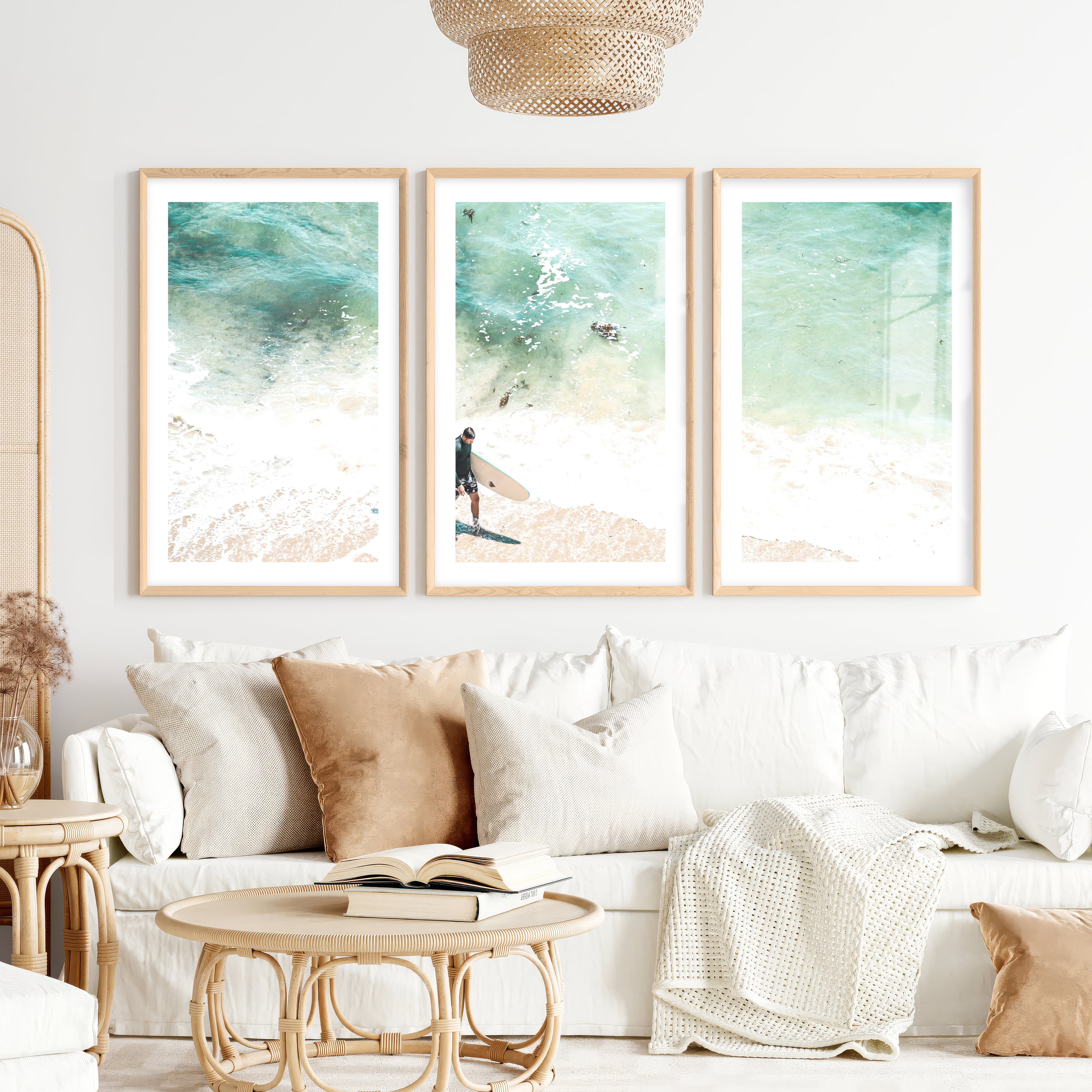 Surfer Shore Beach Decor Wall- Natural Wood Framed Poster with White Border - Artworksets