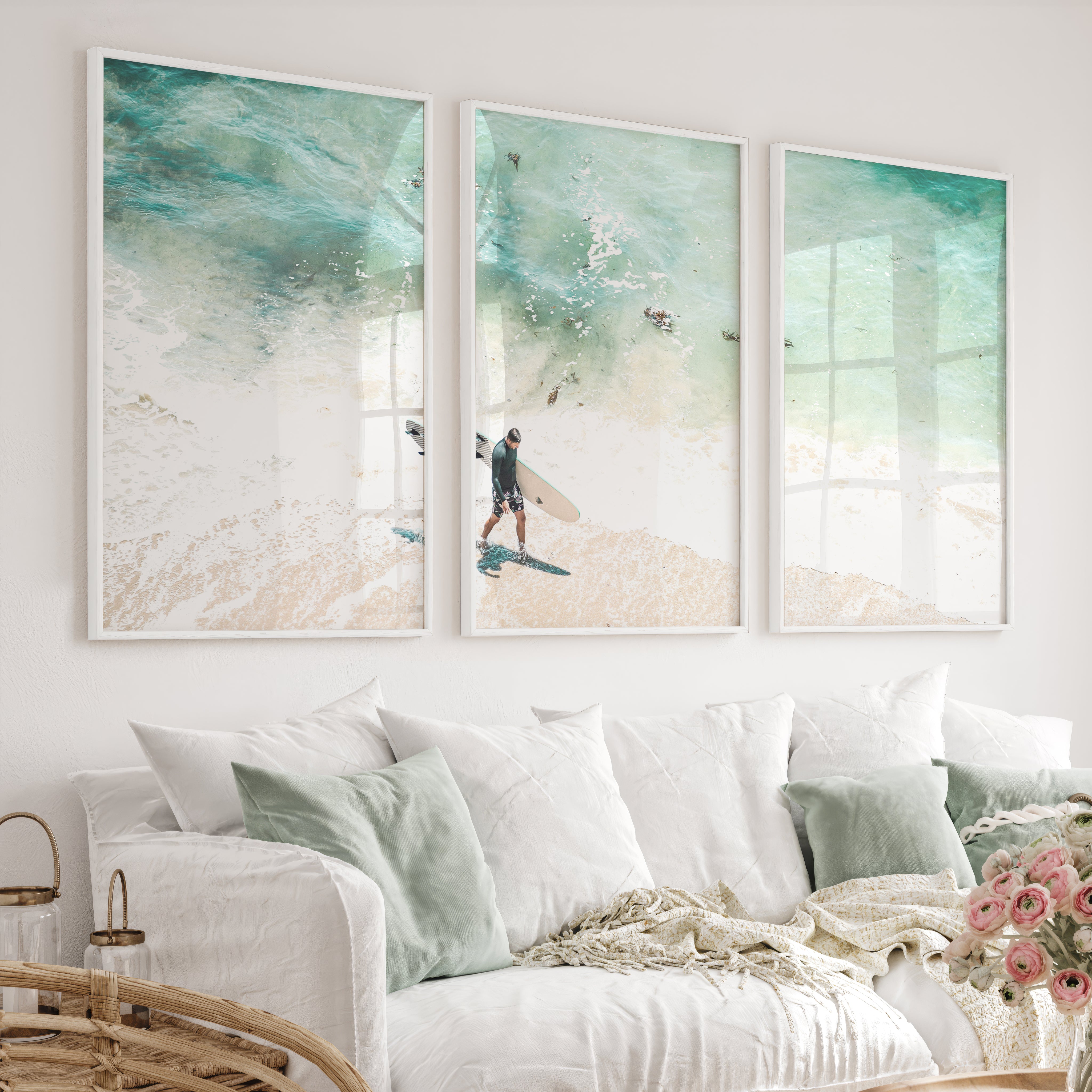 Surfer Shore Beach Decor Wall - White Framed Poster No Border - Artworksets