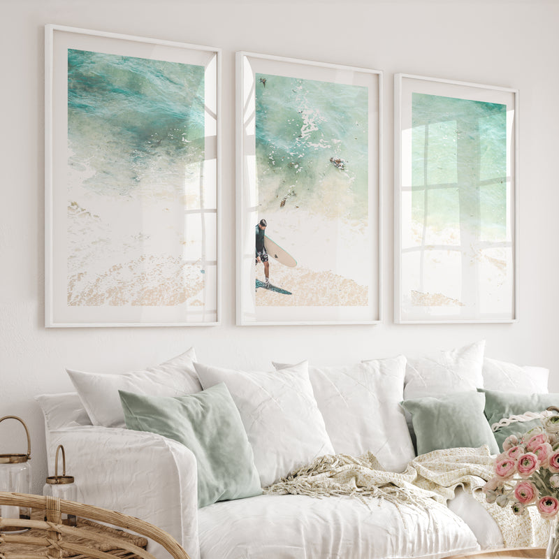 Surfer Shore Beach Decor Wall - White Framed Poster with White Border - Artworksets