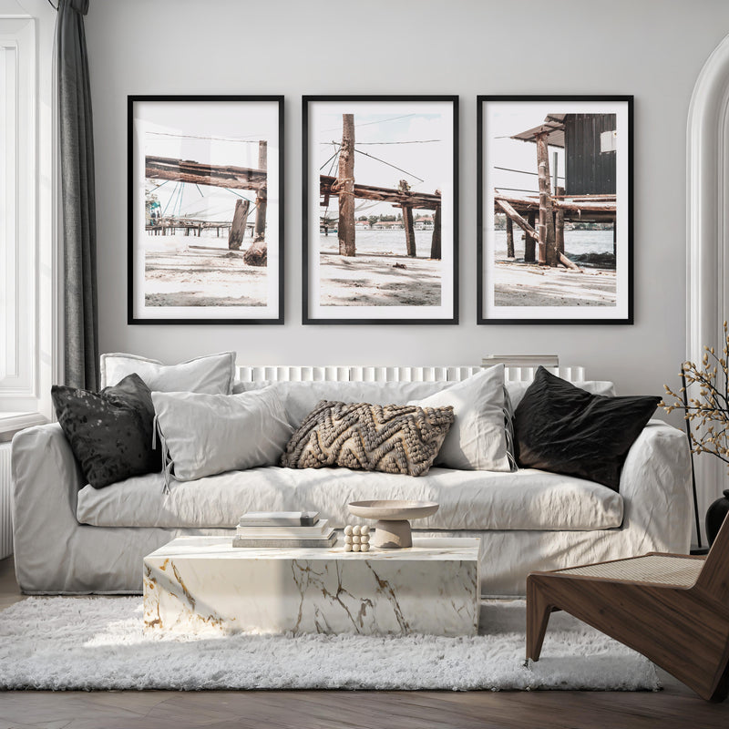 Weathered Pier Beach Home Wall Decor - Black Framed Poster with White Border - Artworksets