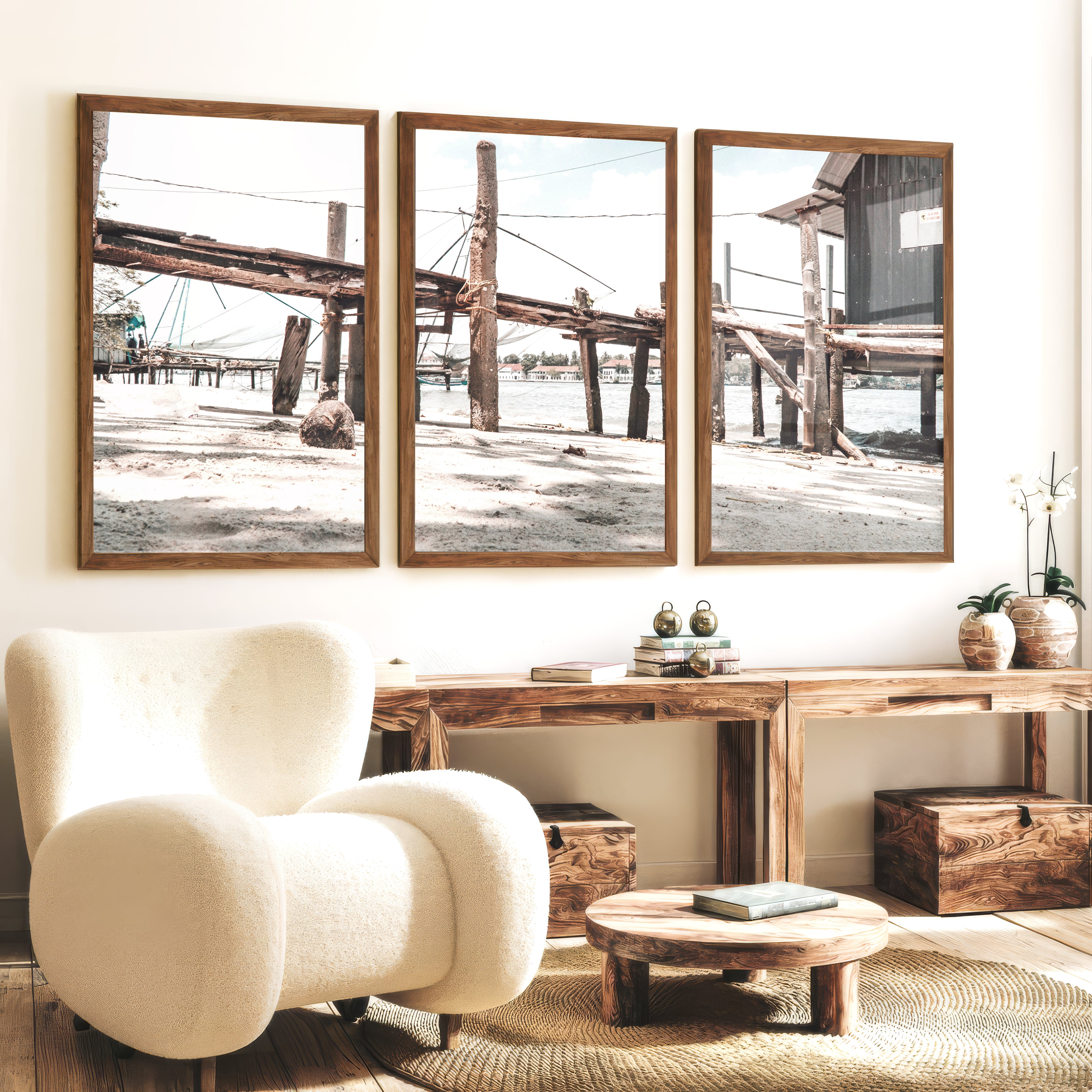 Weathered Pier Beach Home Wall Decor - Dark Brown Framed Poster No Border - Artworksets