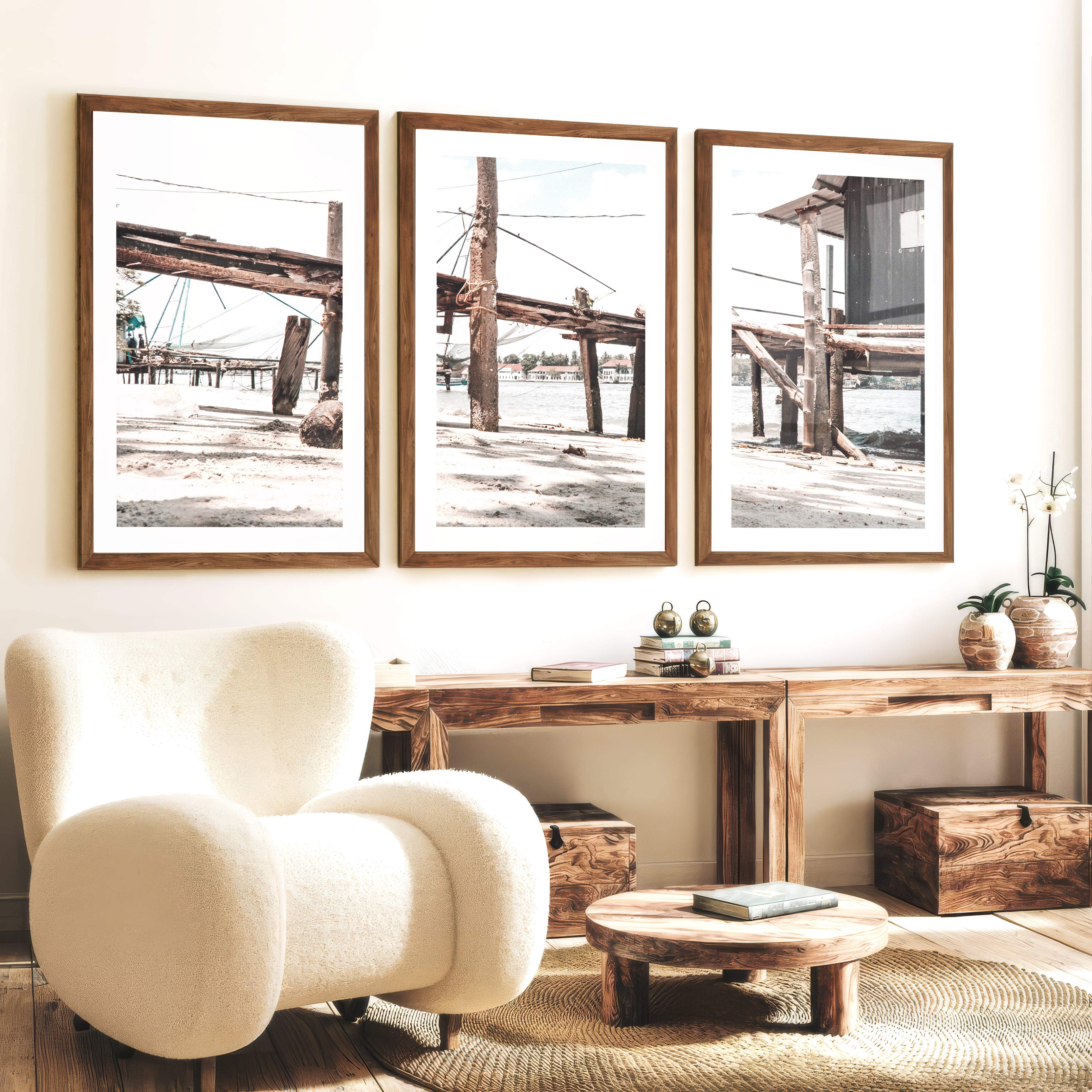 Weathered Pier Beach Home Wall Decor - Dark Brown Framed Poster with White Border - Artworksets