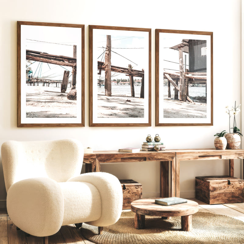 Weathered Pier Beach Home Wall Decor - Dark Brown Framed Poster with White Border - Artworksets