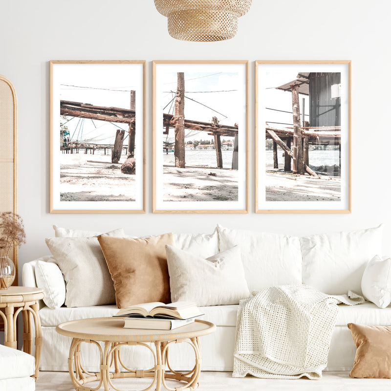 Weathered Pier Beach Home Wall Decor- Natural Wood Framed Poster with White Border - Artworksets