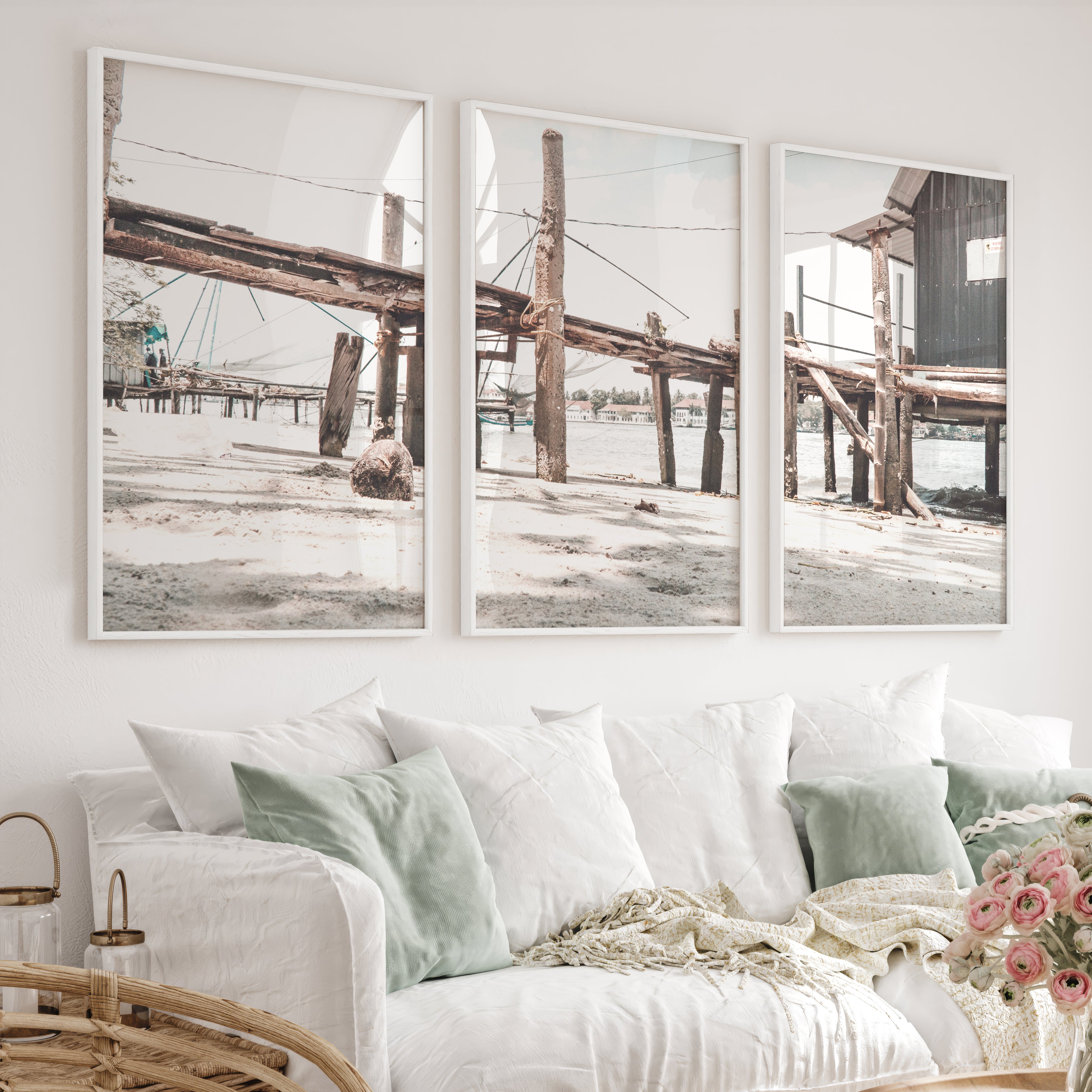 Weathered Pier Beach Home Wall Decor - White Framed Poster No Border - Artworksets
