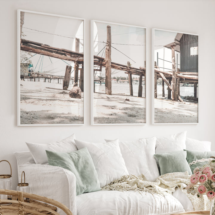 Weathered Pier Beach Home Wall Decor - White Framed Poster No Border - Artworksets
