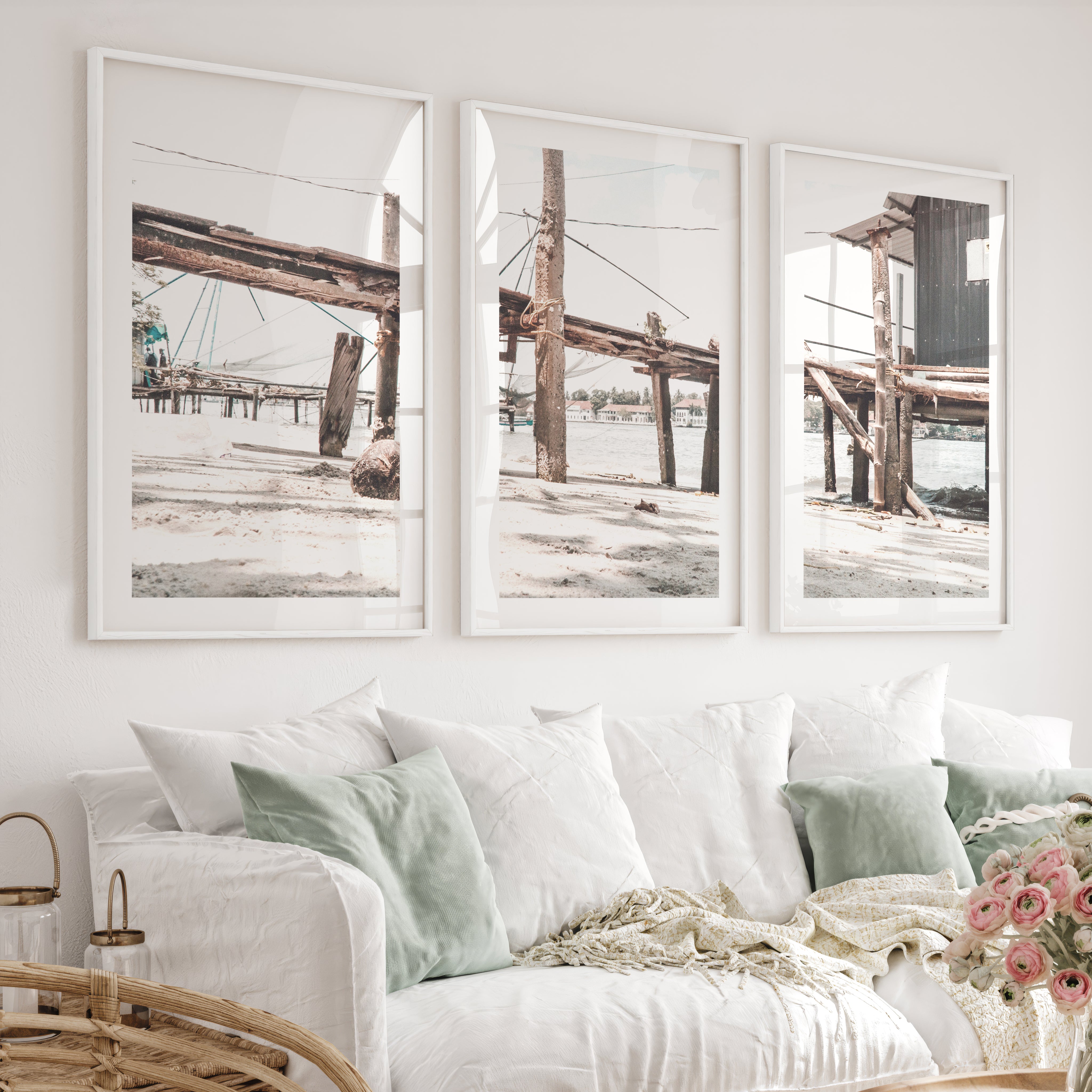 Weathered Pier Beach Home Wall Decor - White Framed Poster with White Border - Artworksets