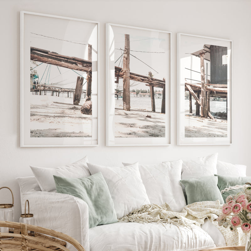 Weathered Pier Beach Home Wall Decor - White Framed Poster with White Border - Artworksets