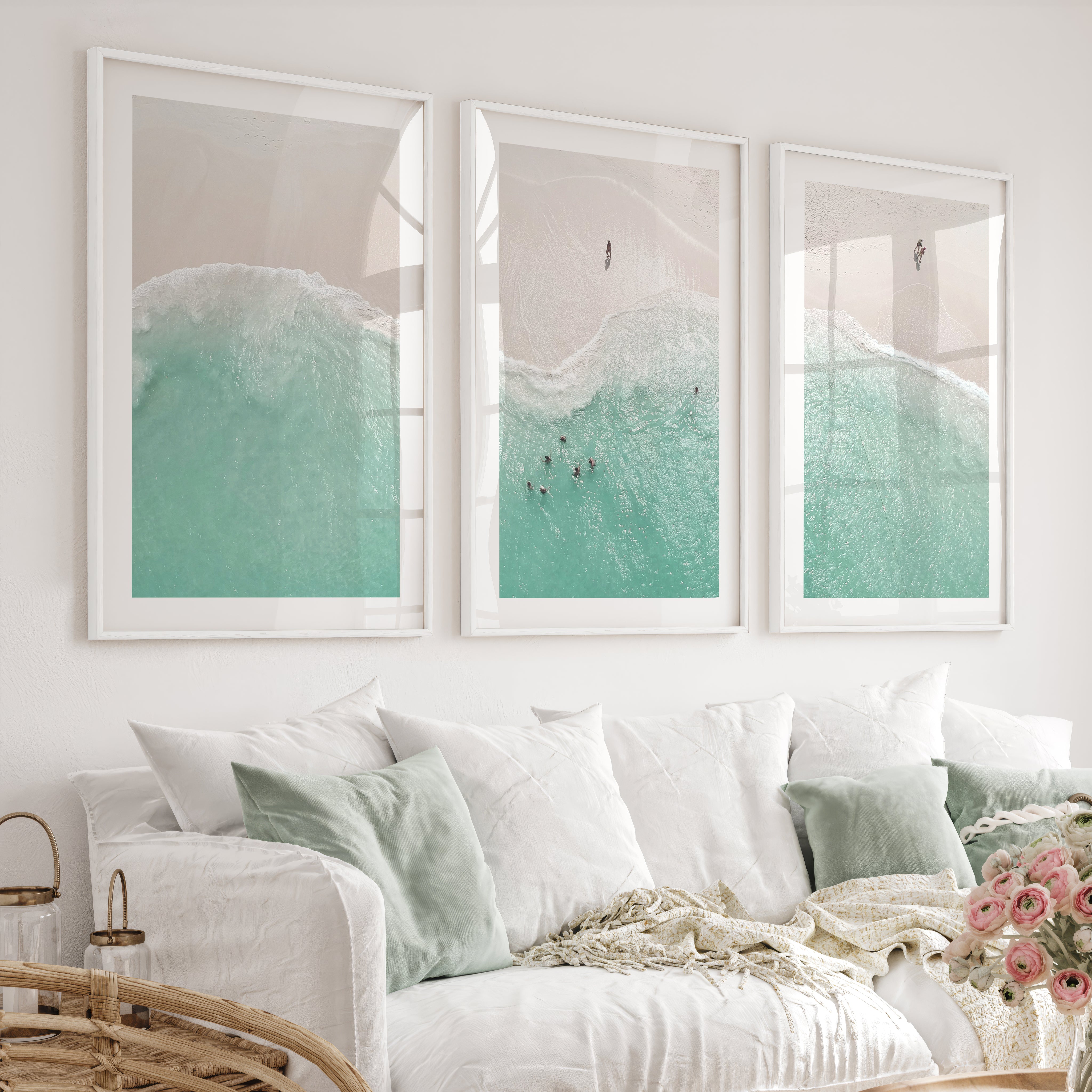 Aerial Shore Beach Inspired Wall Decor - White Framed Poster with White Border - Artworksets