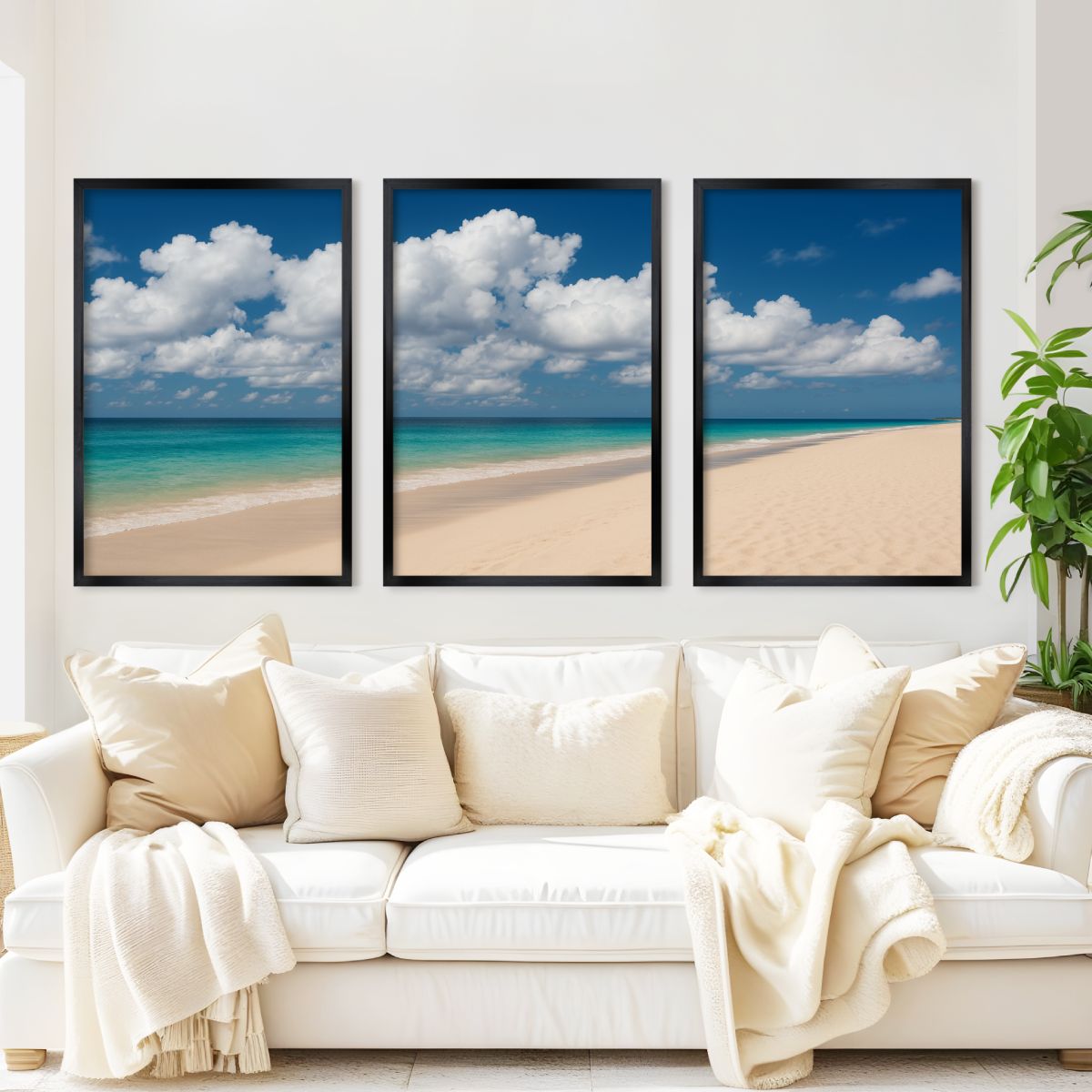Beach Wall Art – Ocean Shoreline with Clouds - Black Framed Poster No Border - Artworksets