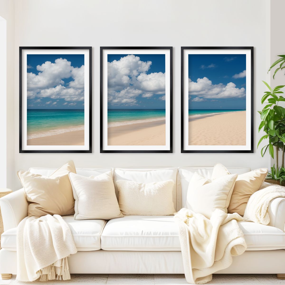 Beach Wall Art – Ocean Shoreline with Clouds - Black Framed Poster with White Border - Artworksets