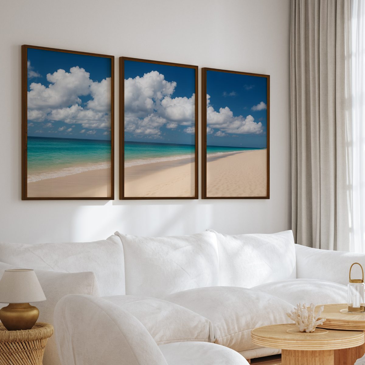 Beach Wall Art – Ocean Shoreline with Clouds - Dark Brown Framed Poster No Border - Artworksets