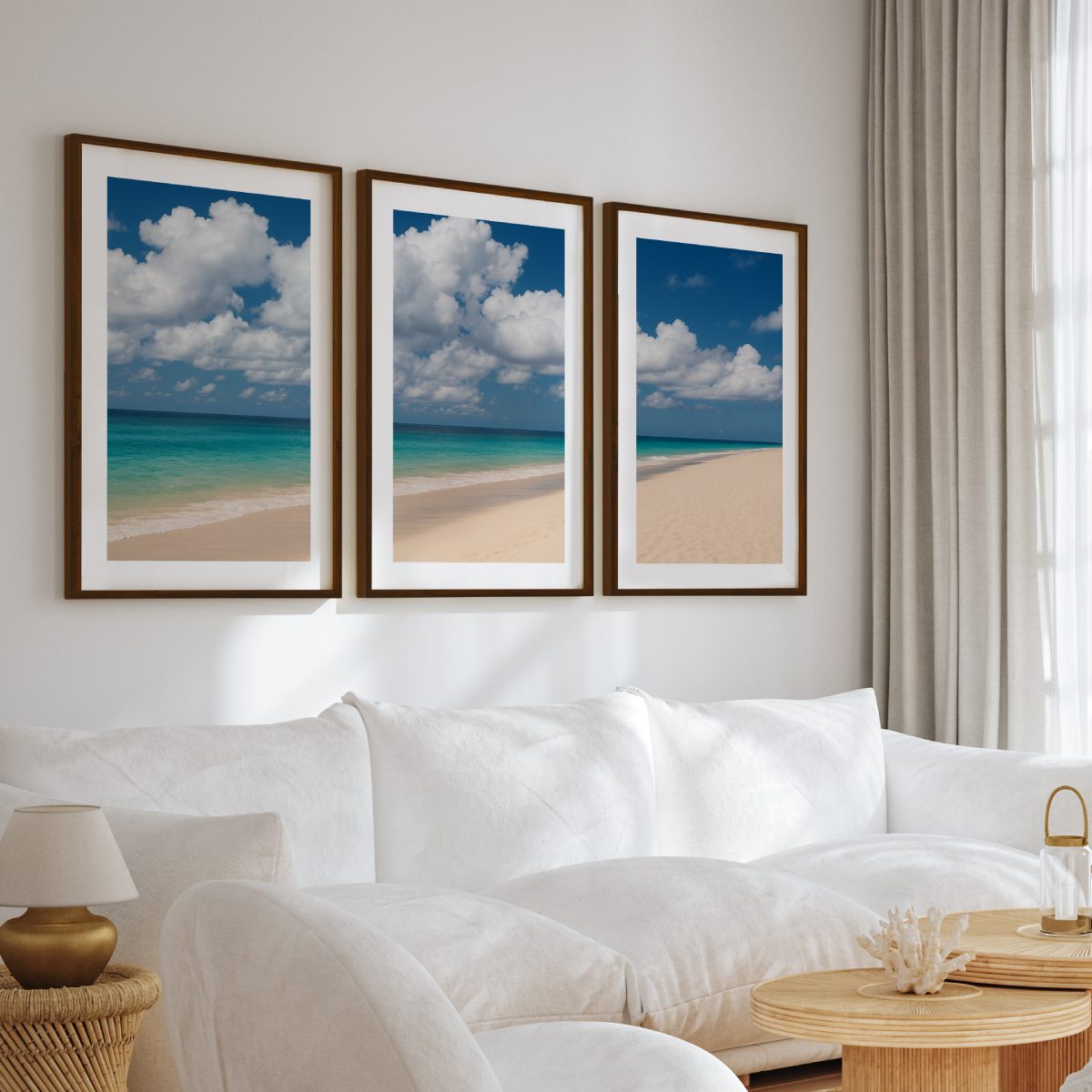 Beach Wall Art – Ocean Shoreline with Clouds - Dark Brown Framed Poster with White Border - Artworksets