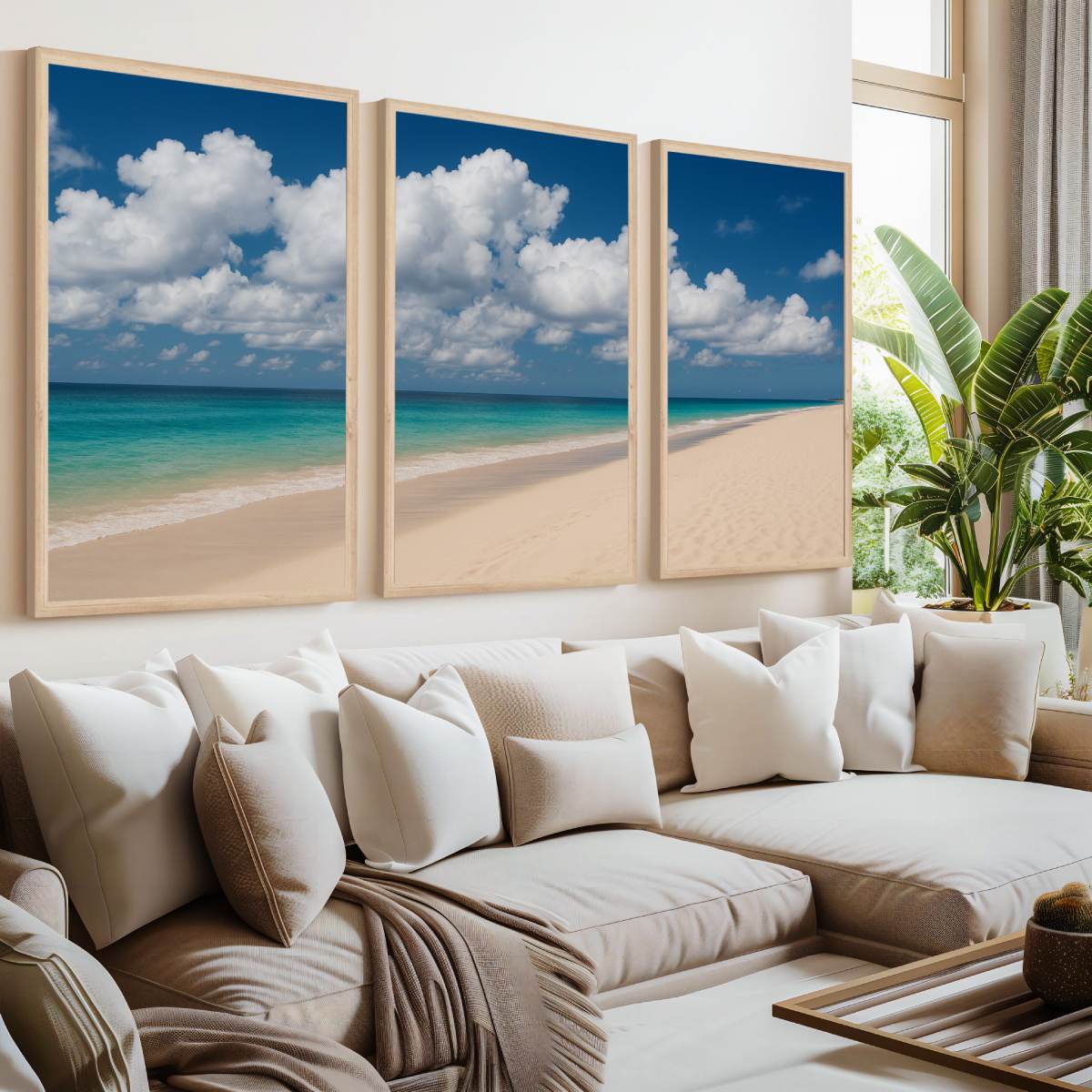 Beach Wall Art – Ocean Shoreline with Clouds - Natural Wood Framed Poster No Border - Artworksets