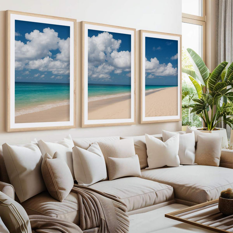 Beach Wall Art – Ocean Shoreline with Clouds- Natural Wood Framed Poster with White Border - Artworksets