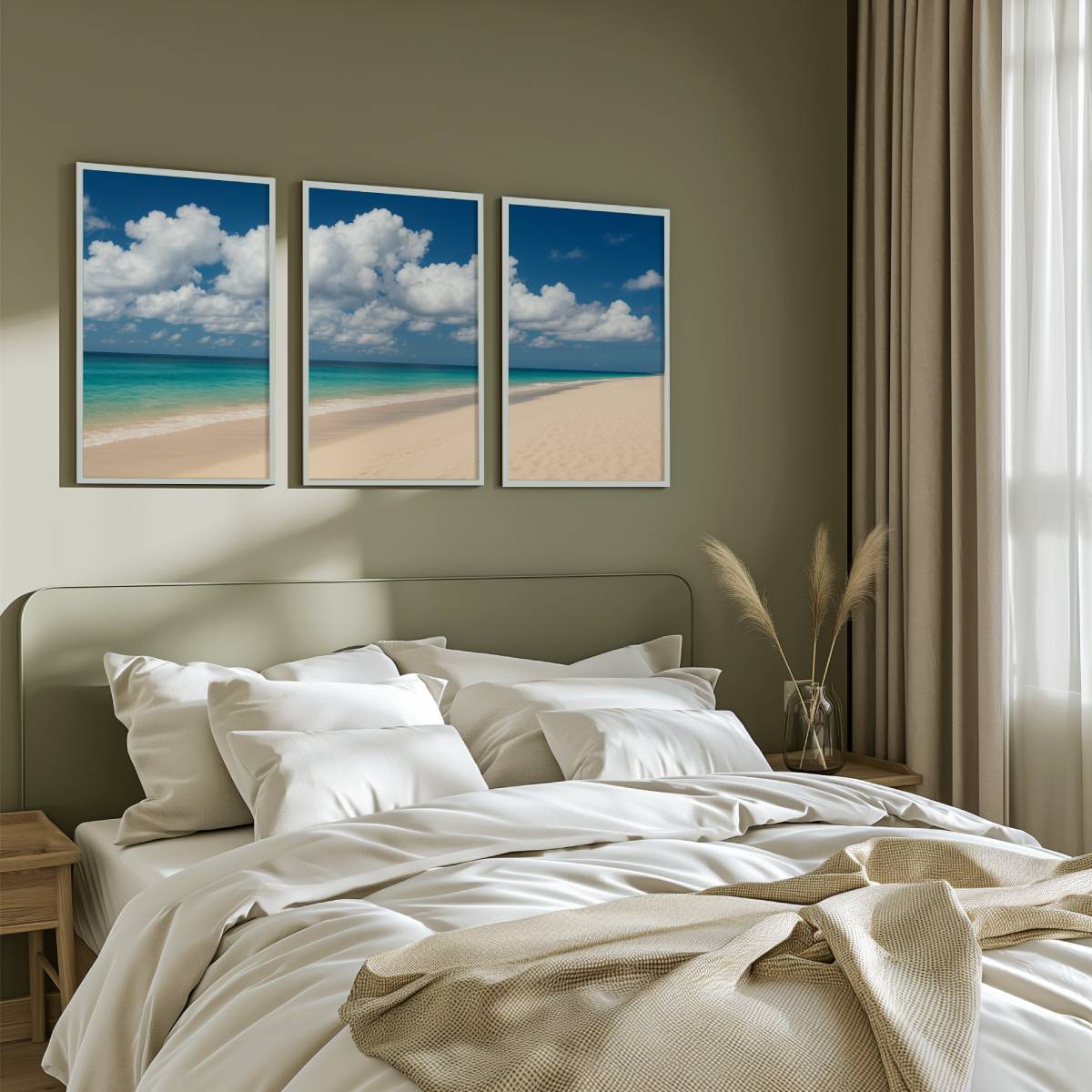 Beach Wall Art – Ocean Shoreline with Clouds - White Framed Poster No Border - Artworksets