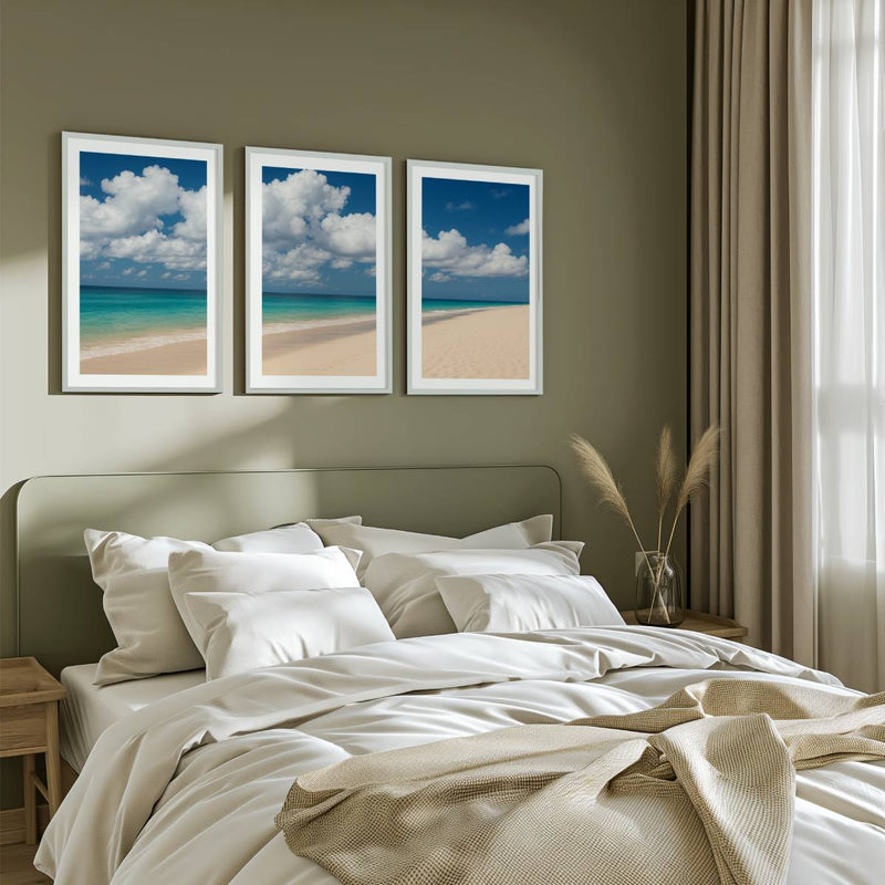 Beach Wall Art – Ocean Shoreline with Clouds - White Framed Poster with White Border - Artworksets