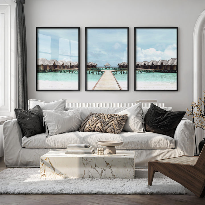 Overwater Bungalow Beach Ocean Wall Decor - Black Framed Poster No Border - Artworksets