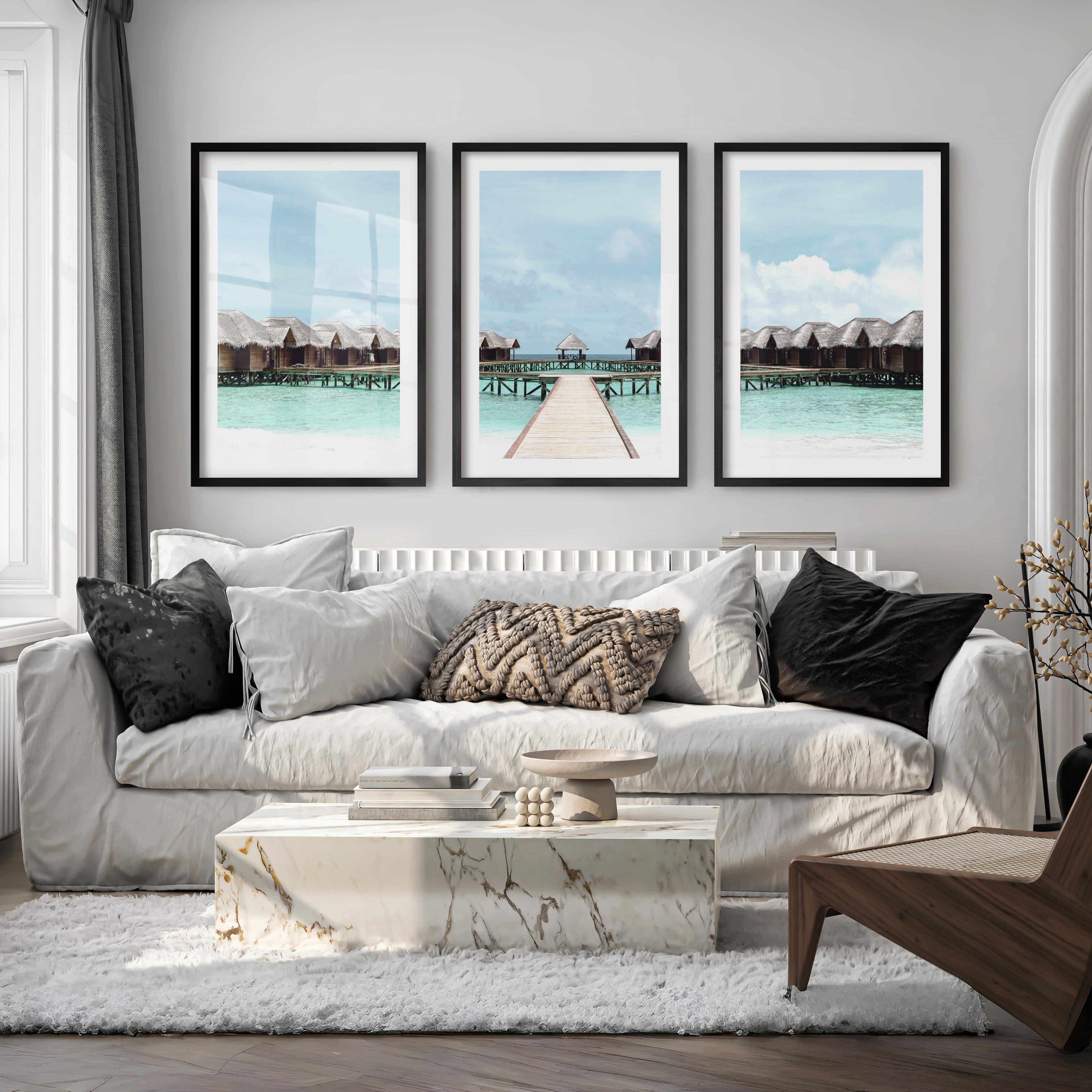 Overwater Bungalow Beach Ocean Wall Decor - Black Framed Poster with White Border - Artworksets