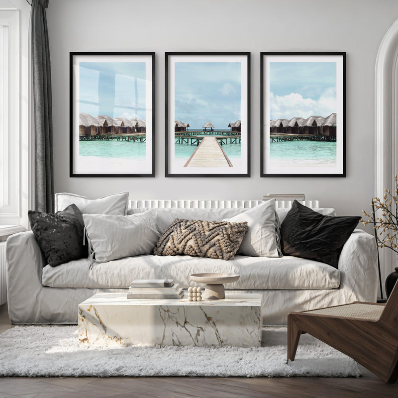 Overwater Bungalow Beach Ocean Wall Decor - Black Framed Poster with White Border - Artworksets