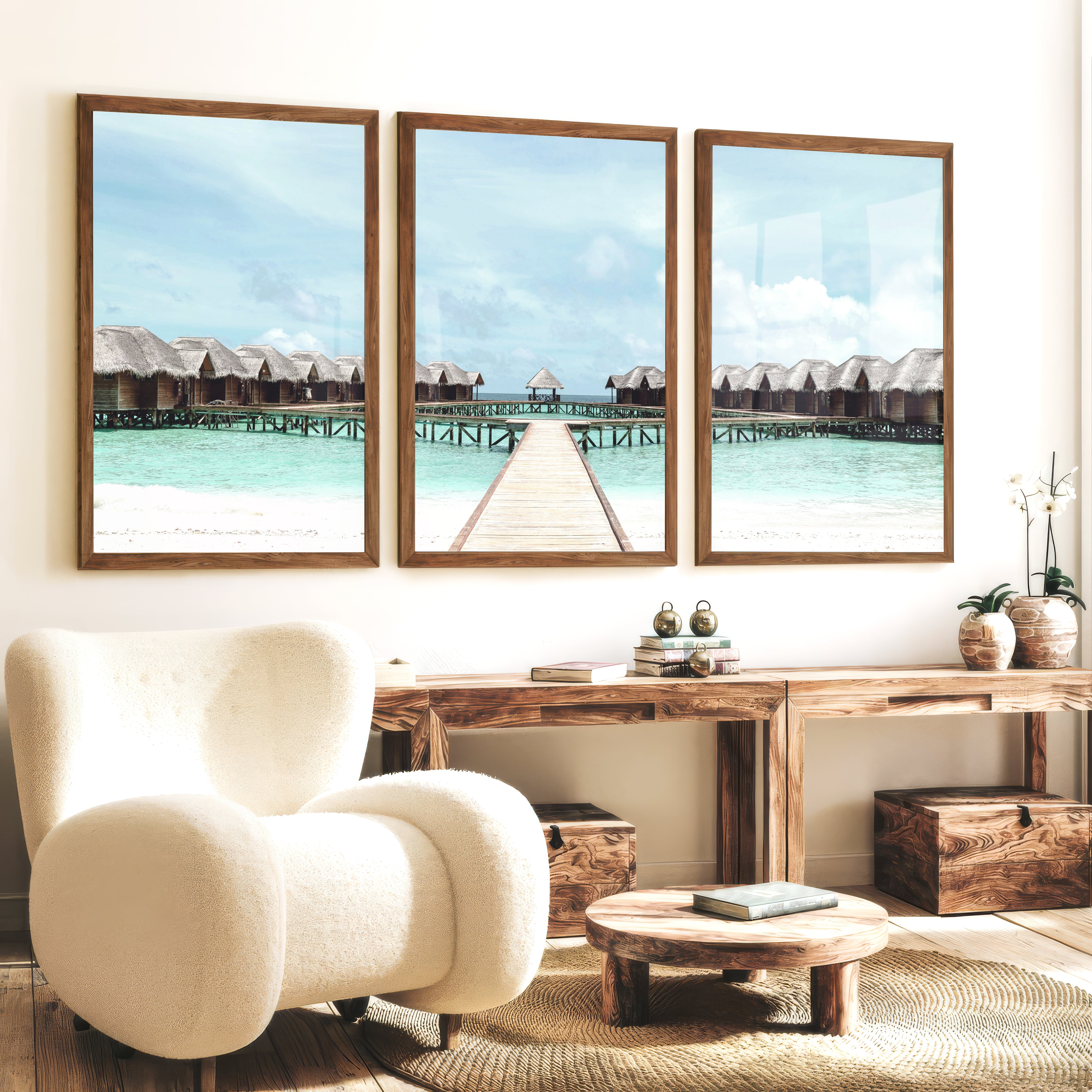 Overwater Bungalow Beach Ocean Wall Decor - Dark Brown Framed Poster No Border - Artworksets