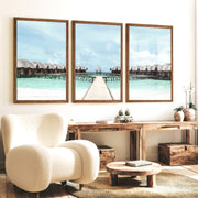 Overwater Bungalow Beach Ocean Wall Decor - Dark Brown Framed Poster No Border - Artworksets