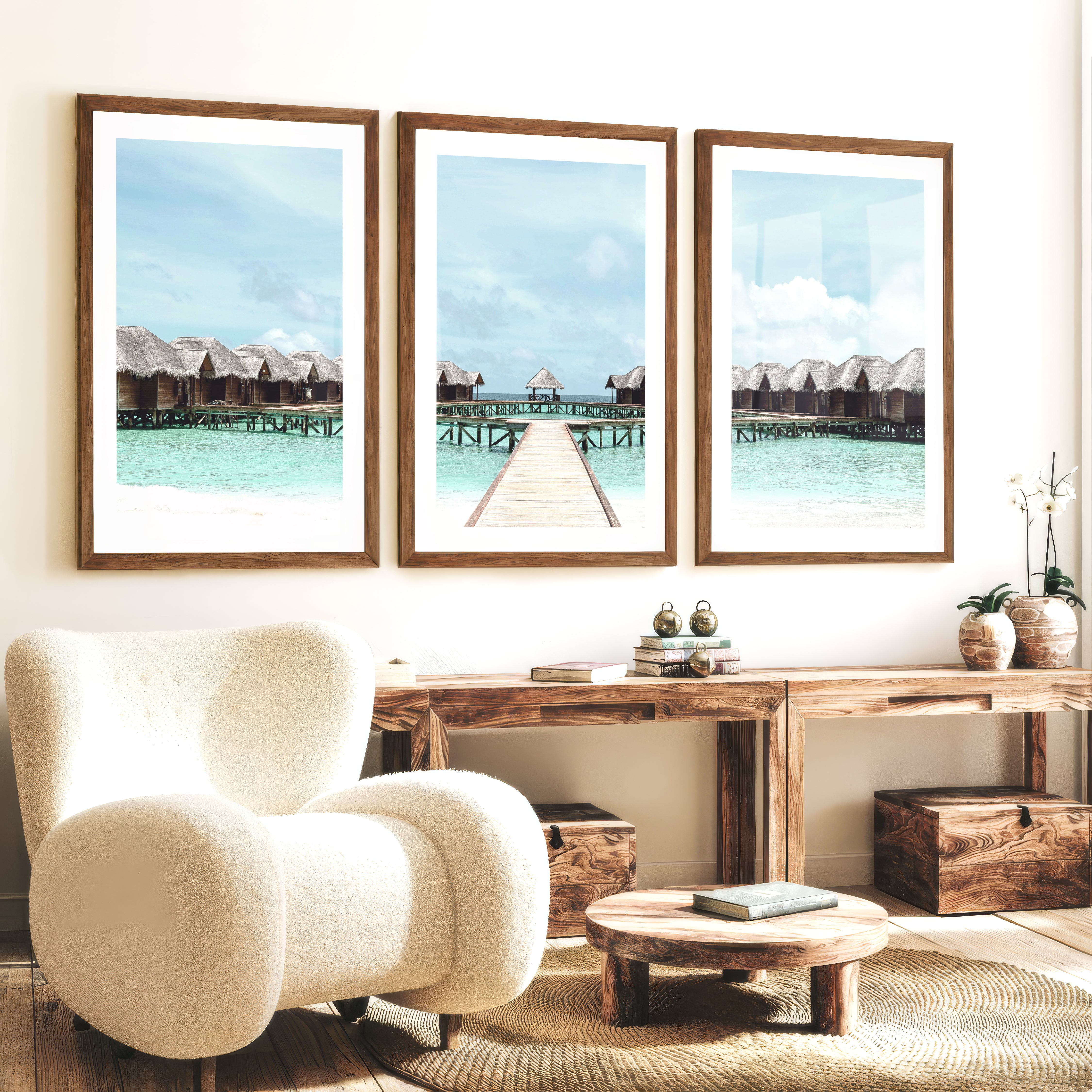 Overwater Bungalow Beach Ocean Wall Decor - Dark Brown Framed Poster with White Border - Artworksets