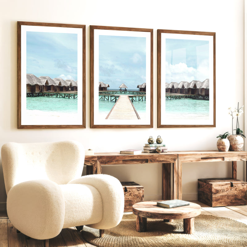 Overwater Bungalow Beach Ocean Wall Decor - Dark Brown Framed Poster with White Border - Artworksets