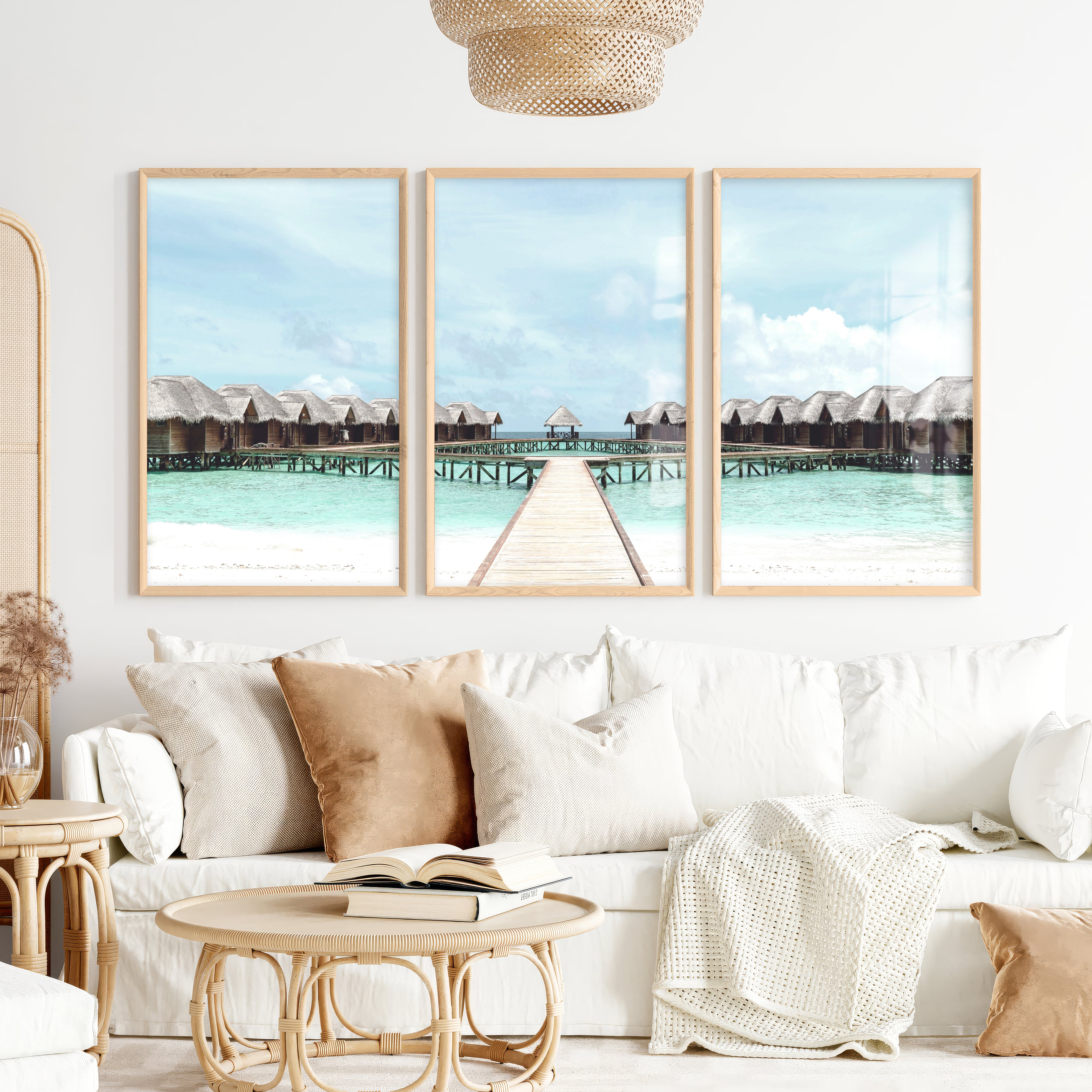 Overwater Bungalow Beach Ocean Wall Decor - Natural Wood Framed Poster No Border - Artworksets