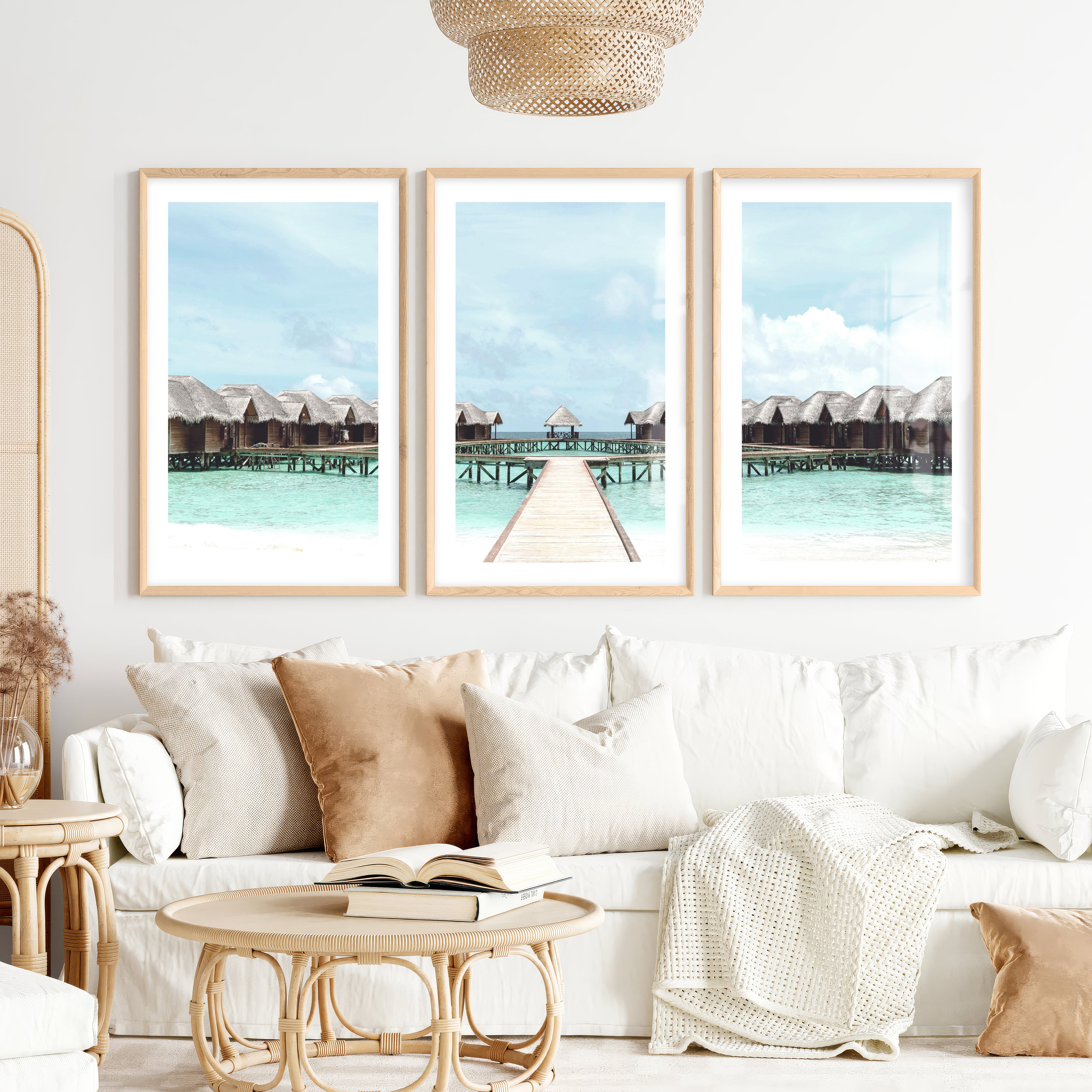 Overwater Bungalow Beach Ocean Wall Decor- Natural Wood Framed Poster with White Border - Artworksets
