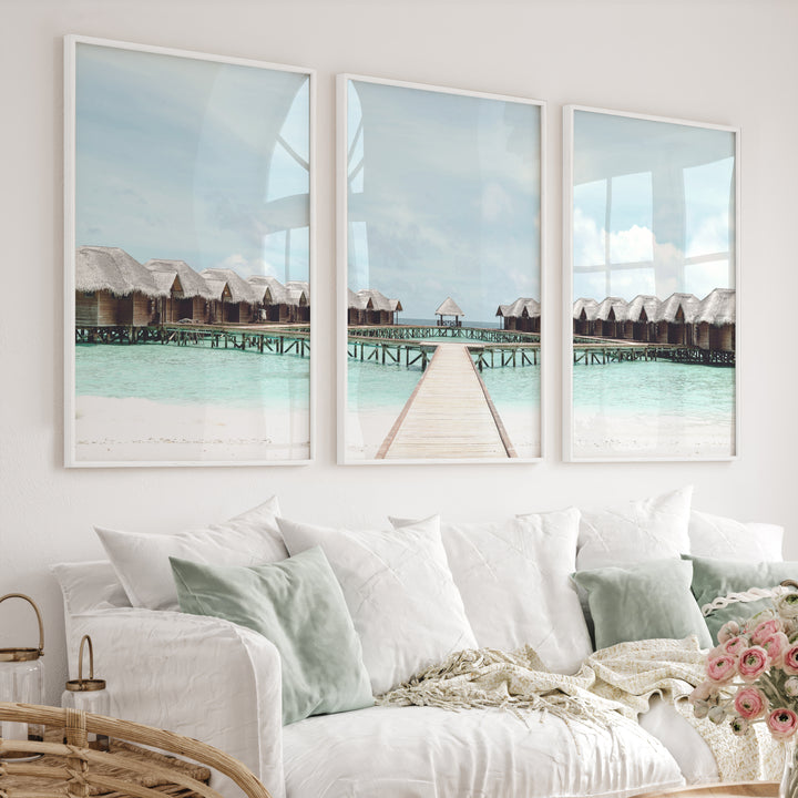 Overwater Bungalow Beach Ocean Wall Decor - White Framed Poster No Border - Artworksets