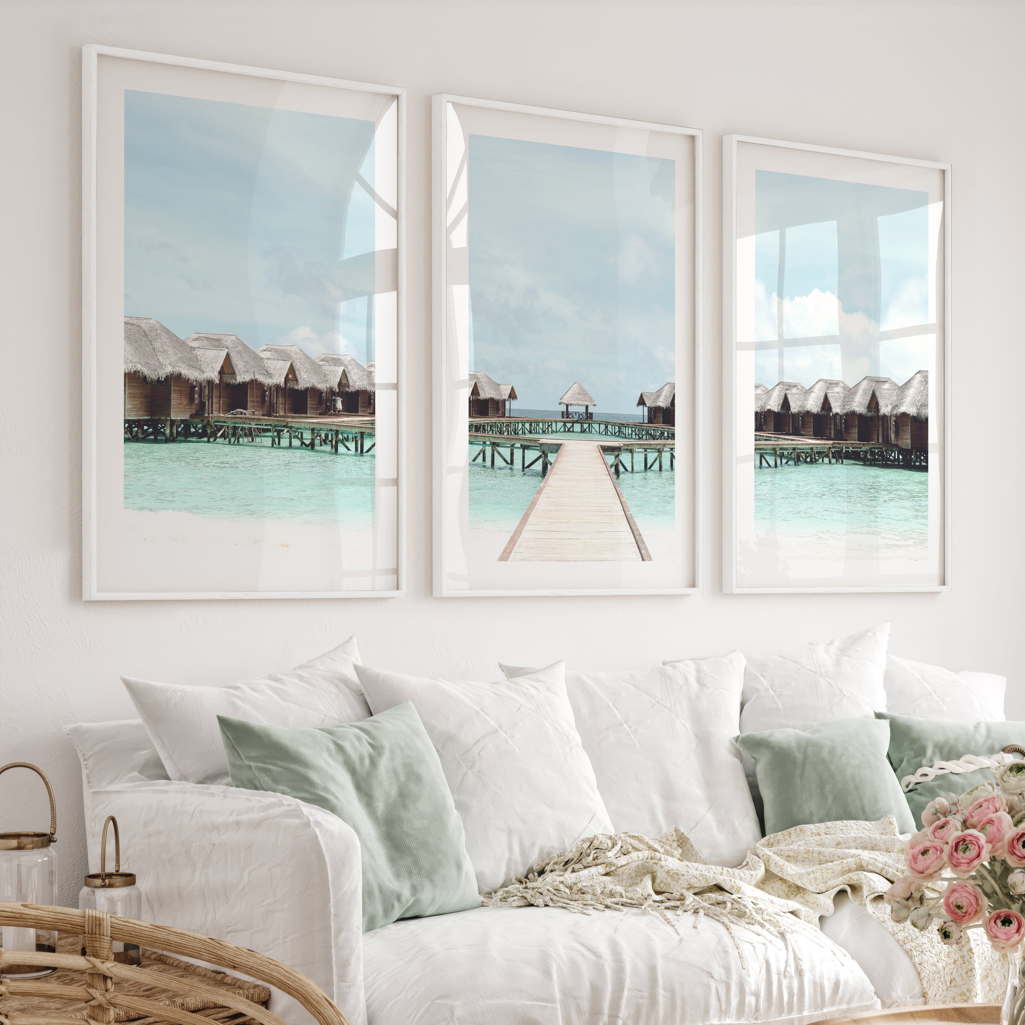 Overwater Bungalow Beach Ocean Wall Decor - White Framed Poster with White Border - Artworksets