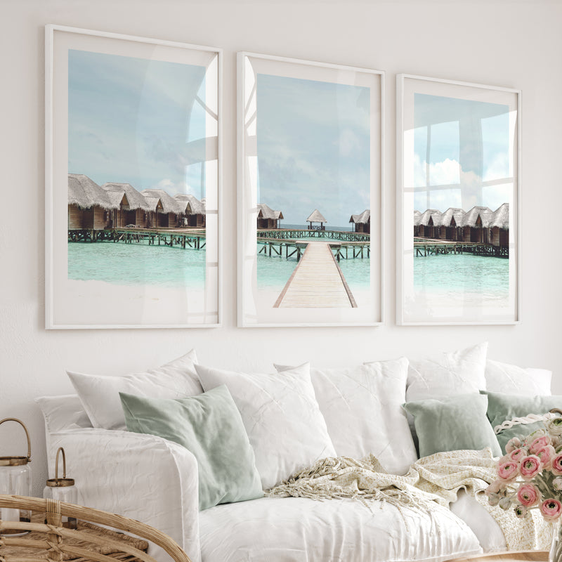 Overwater Bungalow Beach Ocean Wall Decor - White Framed Poster with White Border - Artworksets