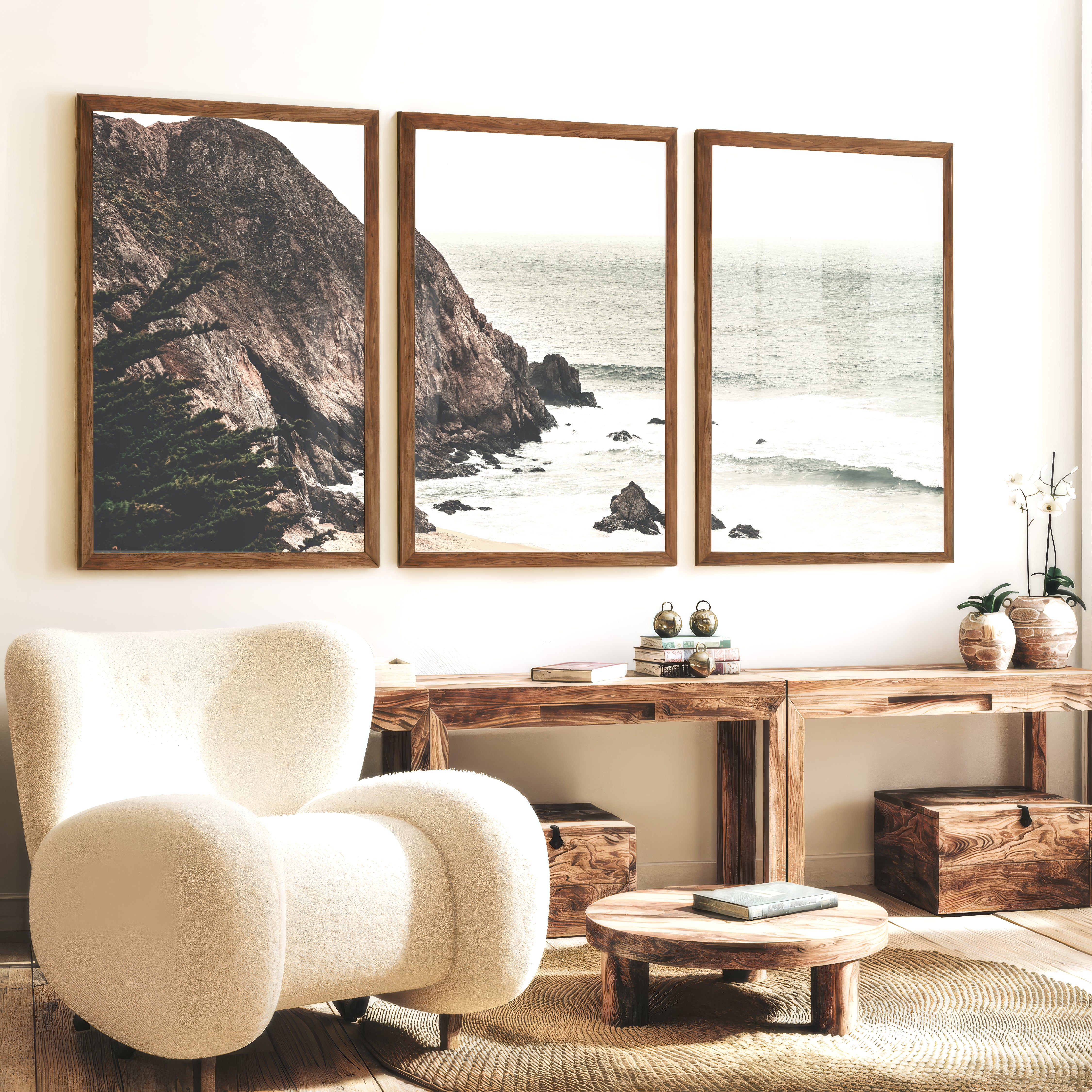 Rocky Cliff beach pictures for wall - Dark Brown Framed Poster No Border - Artworksets