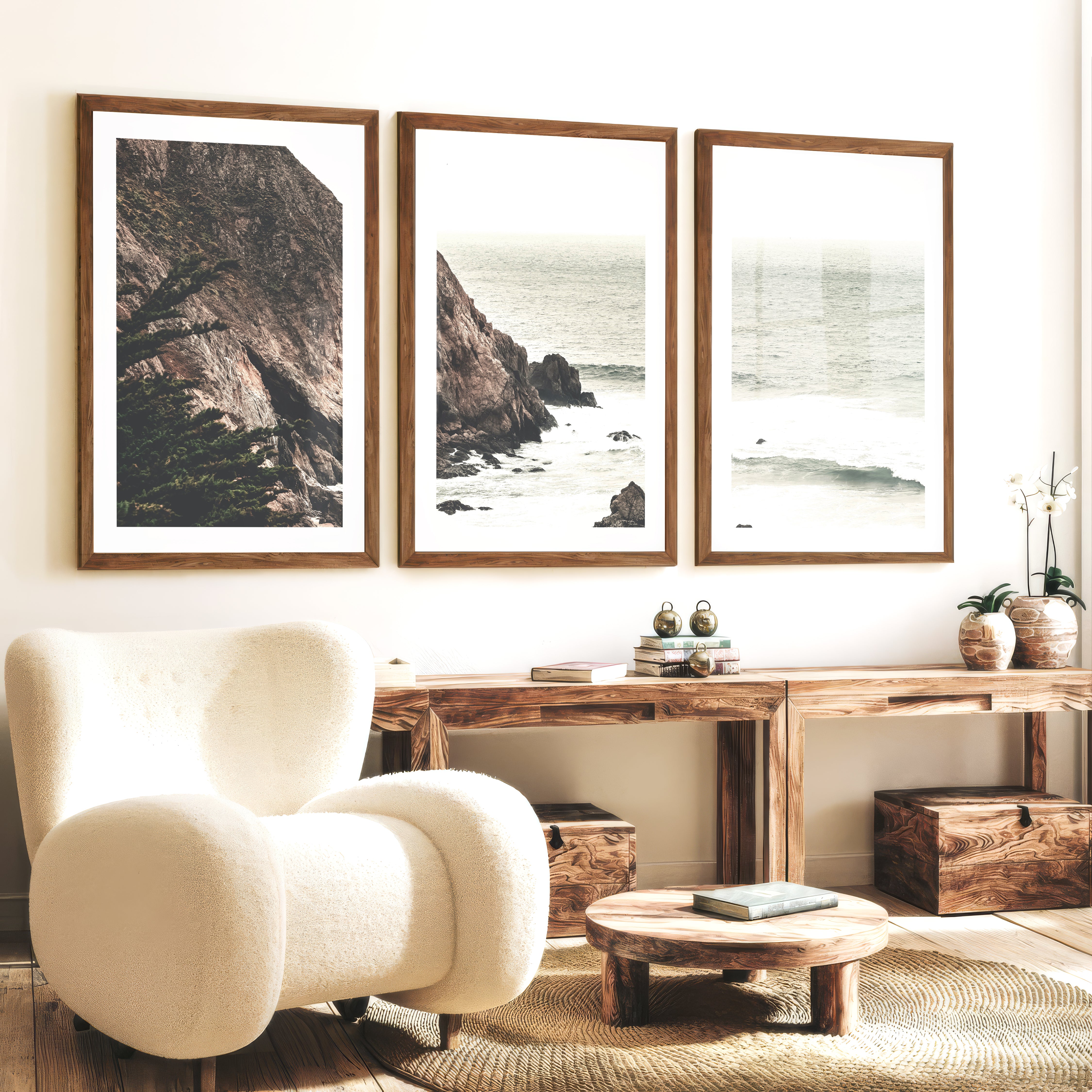 Rocky Cliff beach pictures for wall - Dark Brown Framed Poster with White Border - Artworksets