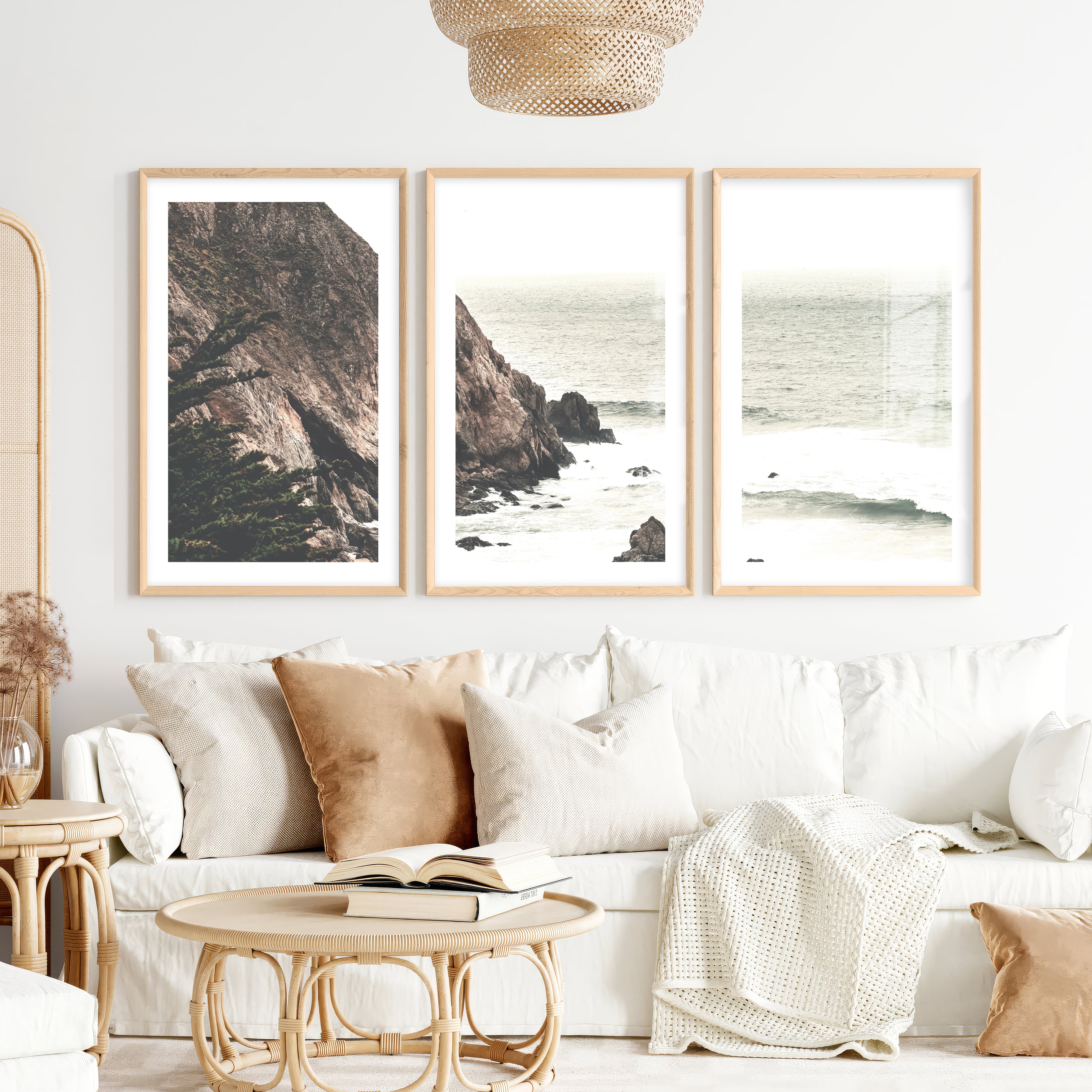Rocky Cliff beach pictures for wall- Natural Wood Framed Poster with White Border - Artworksets