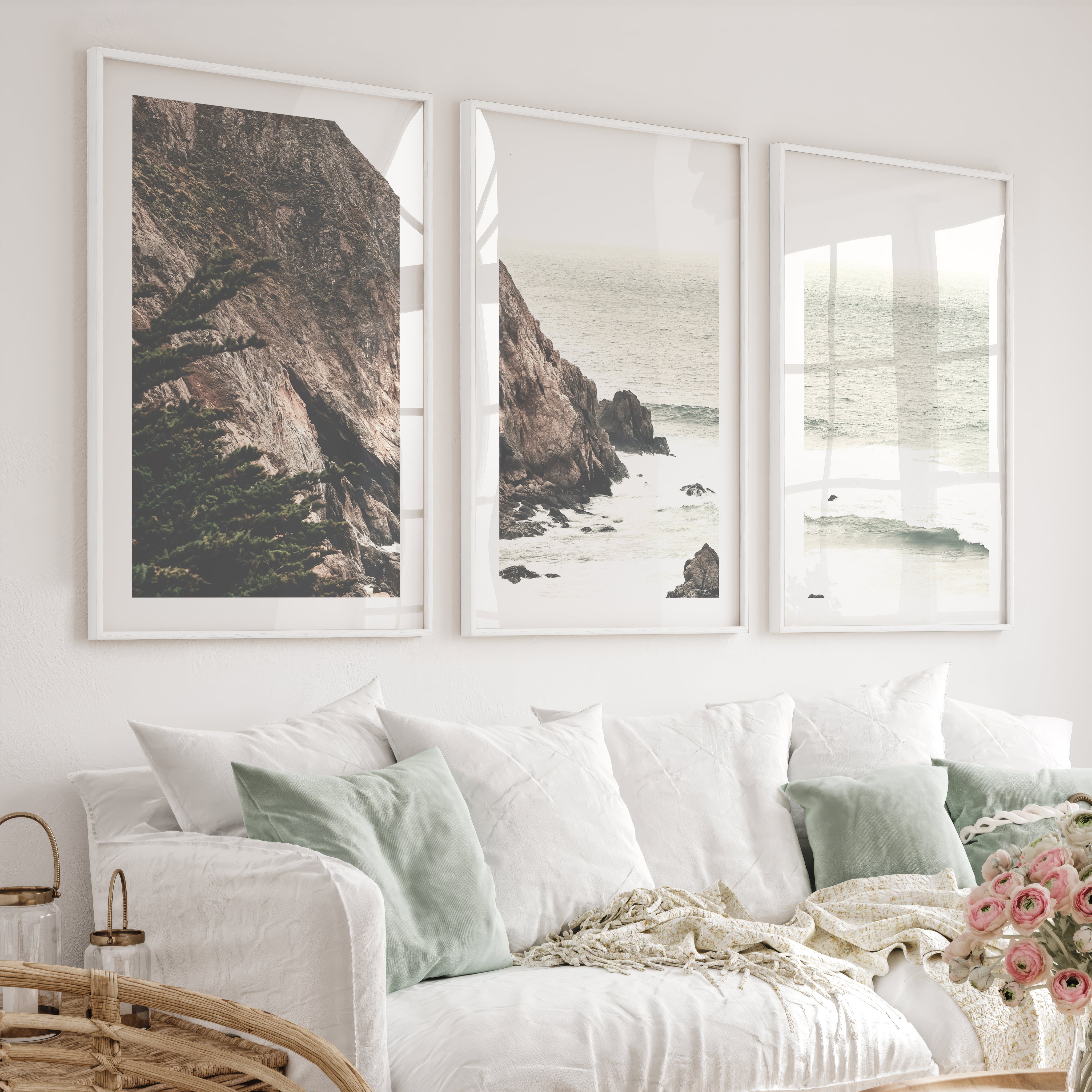 Rocky Cliff beach pictures for wall - White Framed Poster with White Border - Artworksets