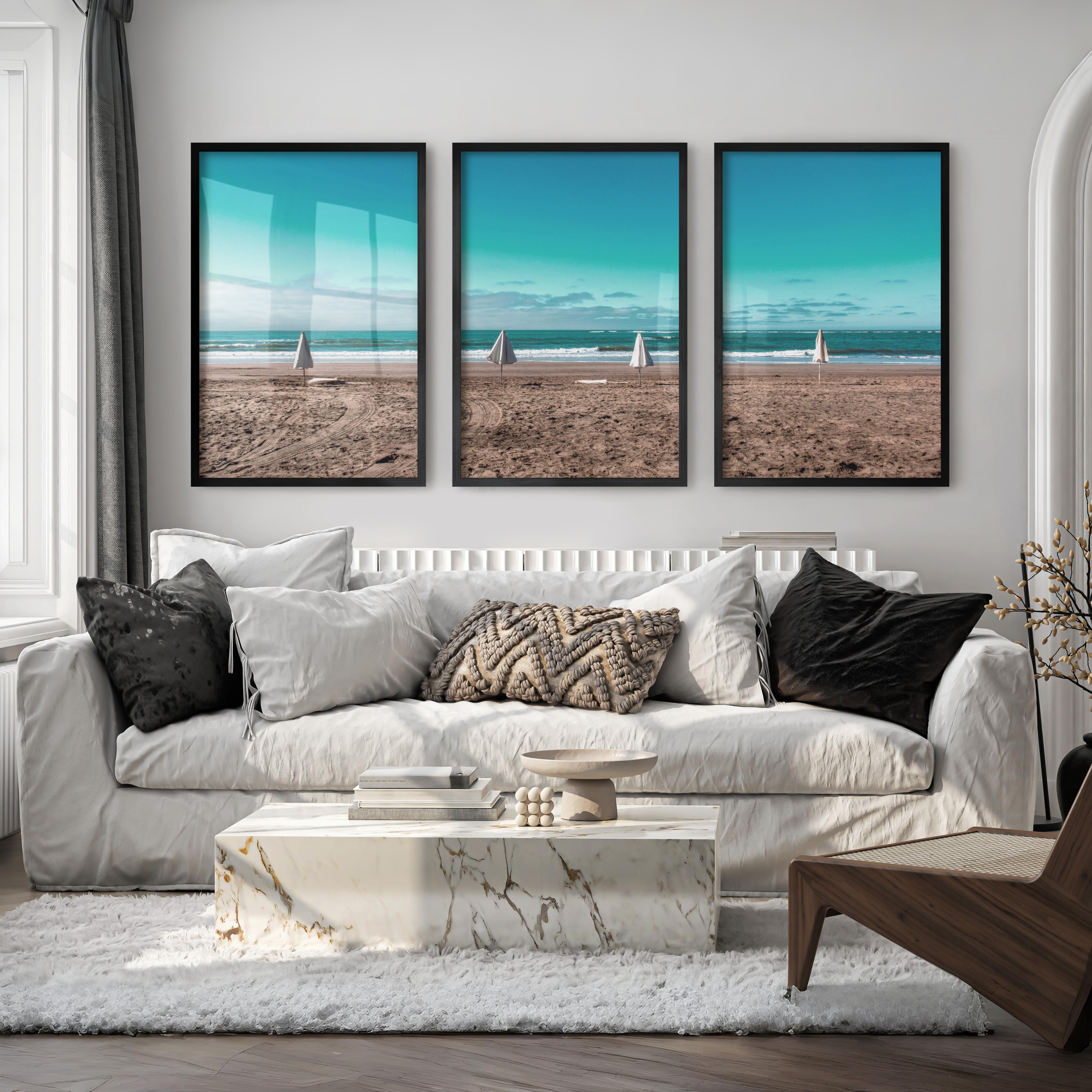 Closed Umbrellas beach pictures for wall beside Blue Surf - Black Framed Poster No Border - Artworksets