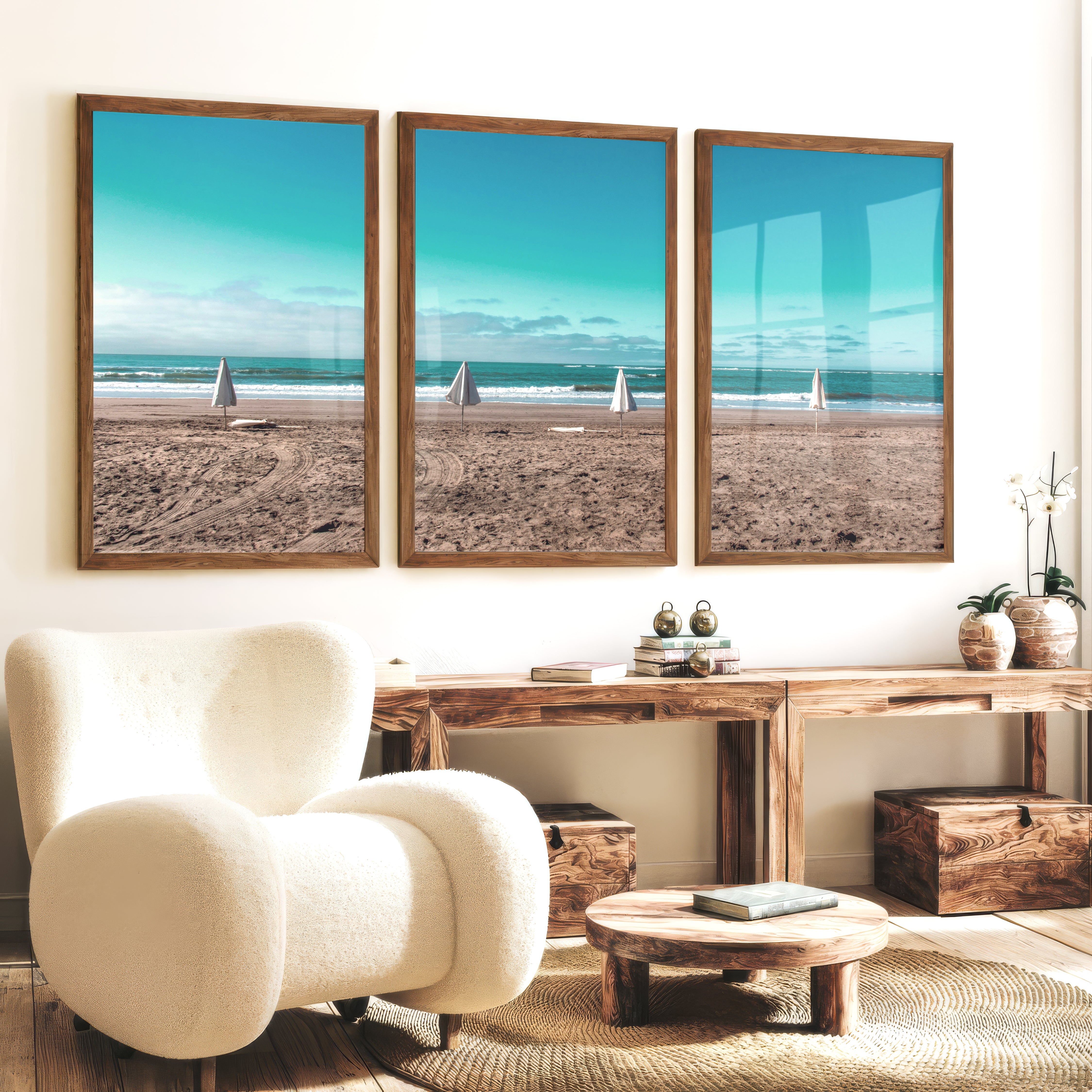 Closed Umbrellas beach pictures for wall beside Blue Surf - Dark Brown Framed Poster No Border - Artworksets