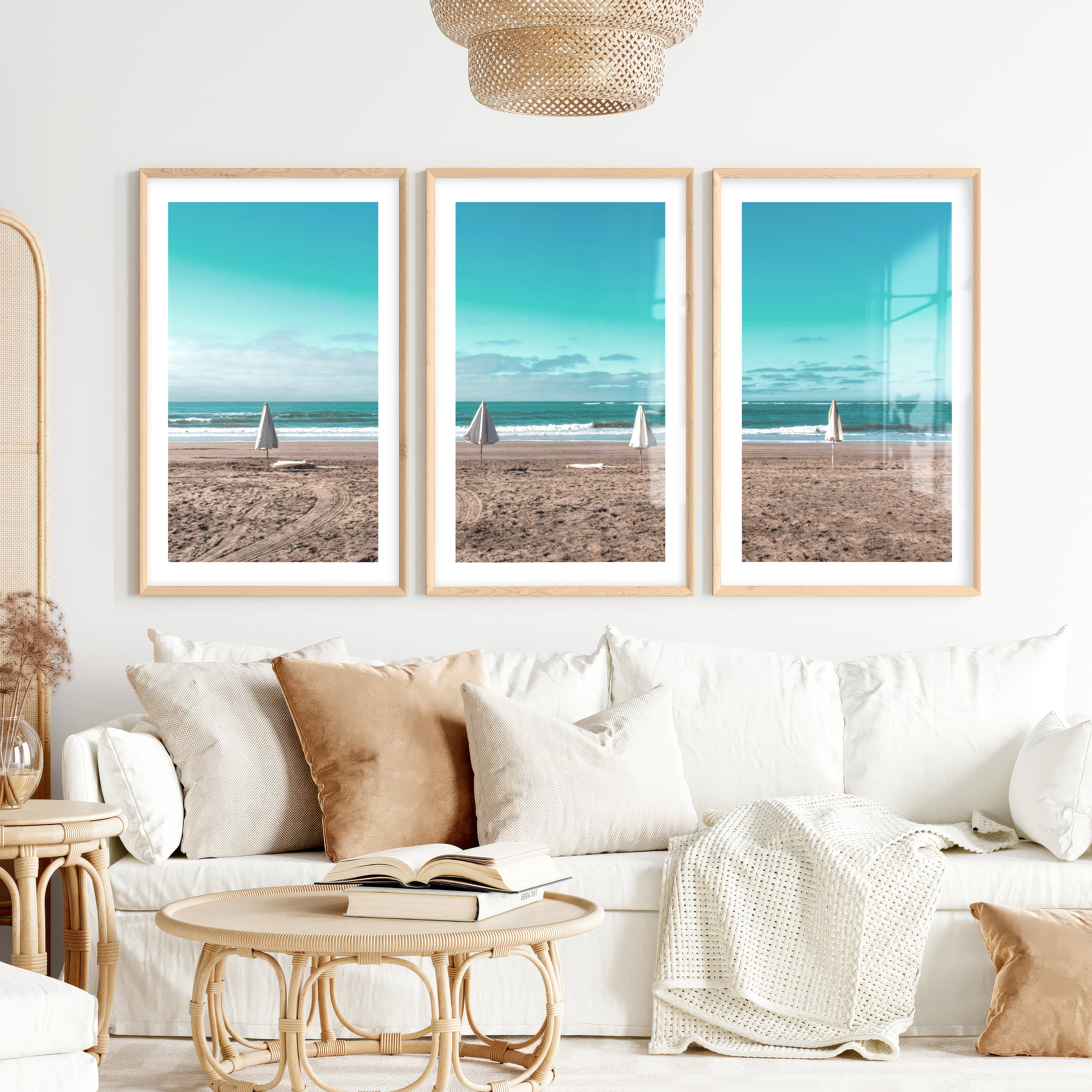 Closed Umbrellas beach pictures for wall beside Blue Surf- Natural Wood Framed Poster with White Border - Artworksets
