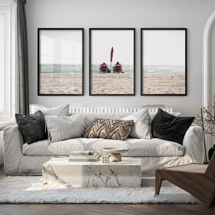 Red Chairs by the Ocean beach pictures to hang on wall - Black Framed Poster No Border - Artworksets