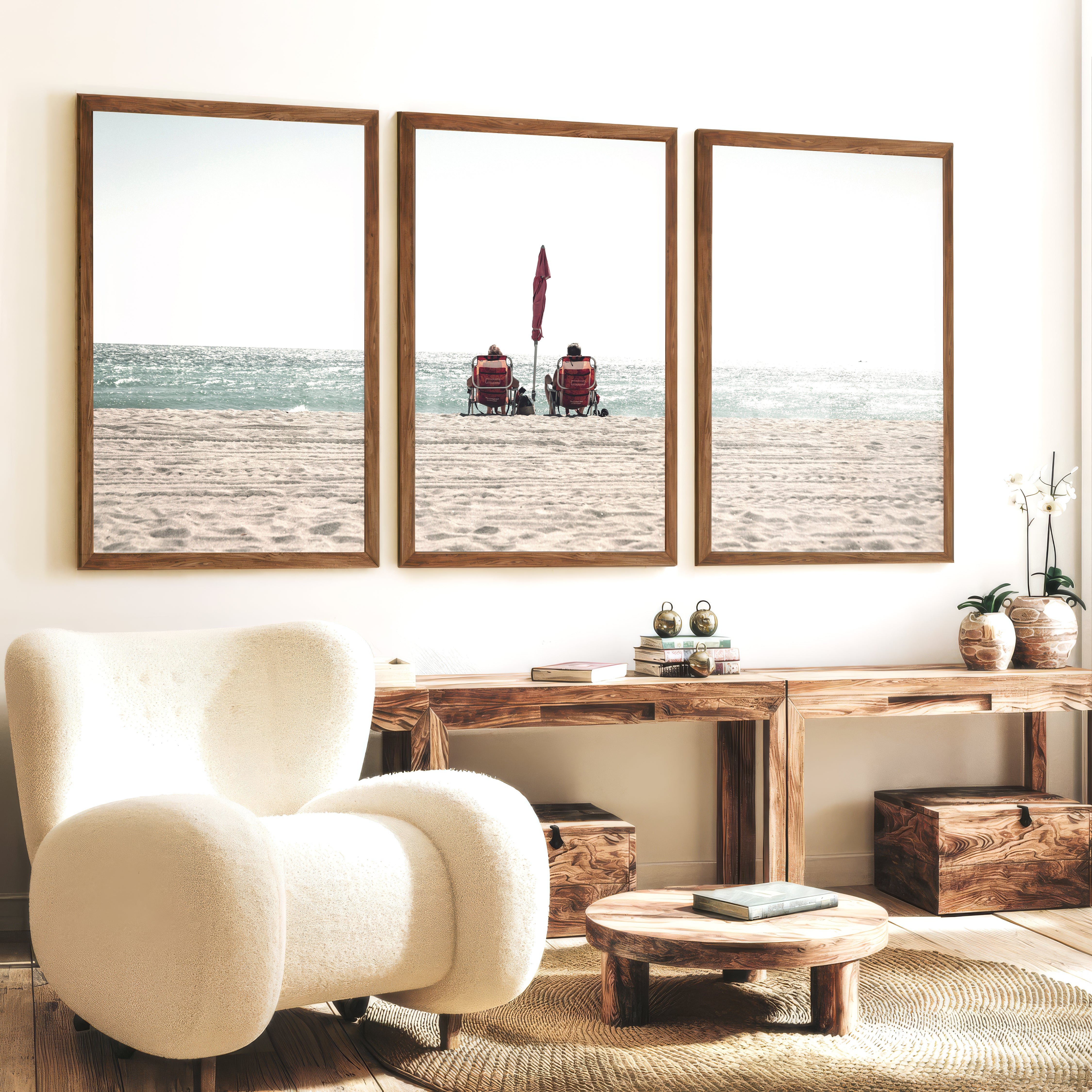 Red Chairs by the Ocean beach pictures to hang on wall - Dark Brown Framed Poster No Border - Artworksets