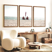 Red Chairs by the Ocean beach pictures to hang on wall - Dark Brown Framed Poster No Border - Artworksets
