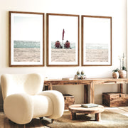 Red Chairs by the Ocean beach pictures to hang on wall - Dark Brown Framed Poster with White Border - Artworksets