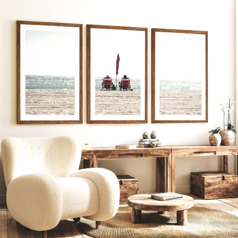 Red Chairs by the Ocean beach pictures to hang on wall - Dark Brown Framed Poster with White Border - Artworksets