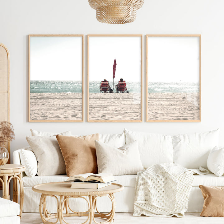 Red Chairs by the Ocean beach pictures to hang on wall - Natural Wood Framed Poster No Border - Artworksets