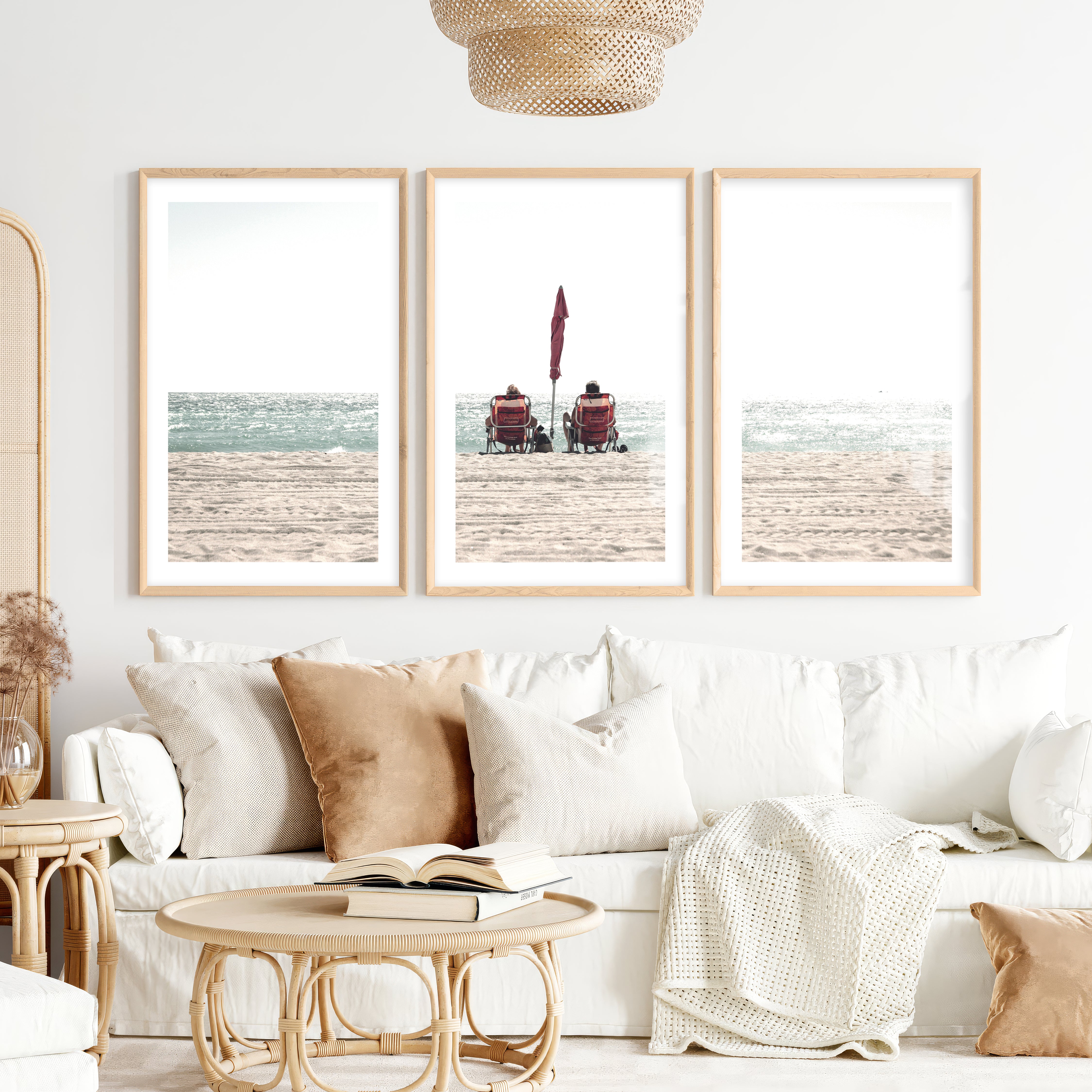 Red Chairs by the Ocean beach pictures to hang on wall- Natural Wood Framed Poster with White Border - Artworksets