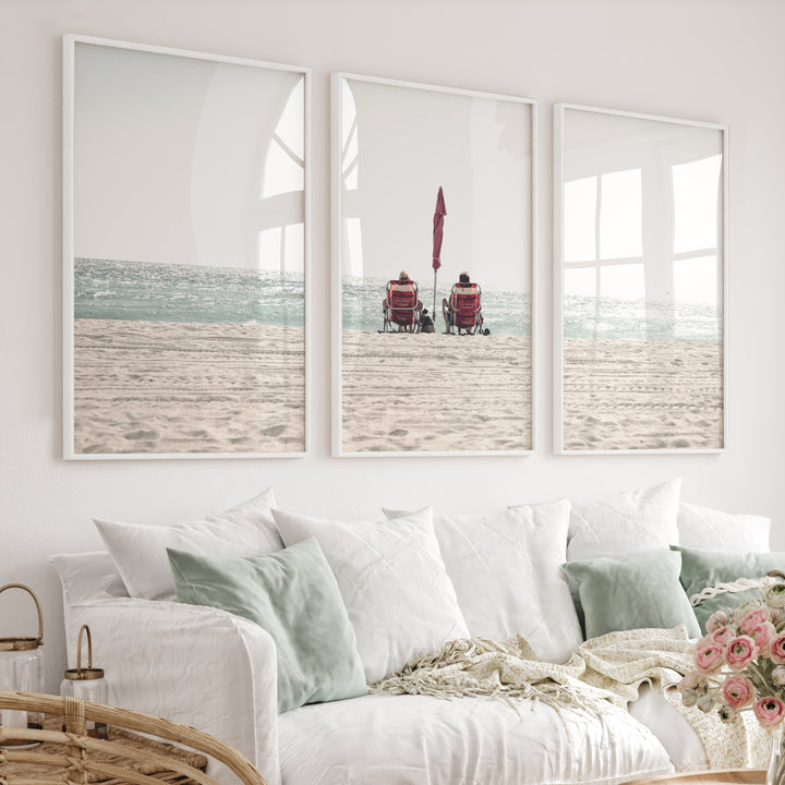 Red Chairs by the Ocean beach pictures to hang on wall - White Framed Poster No Border - Artworksets