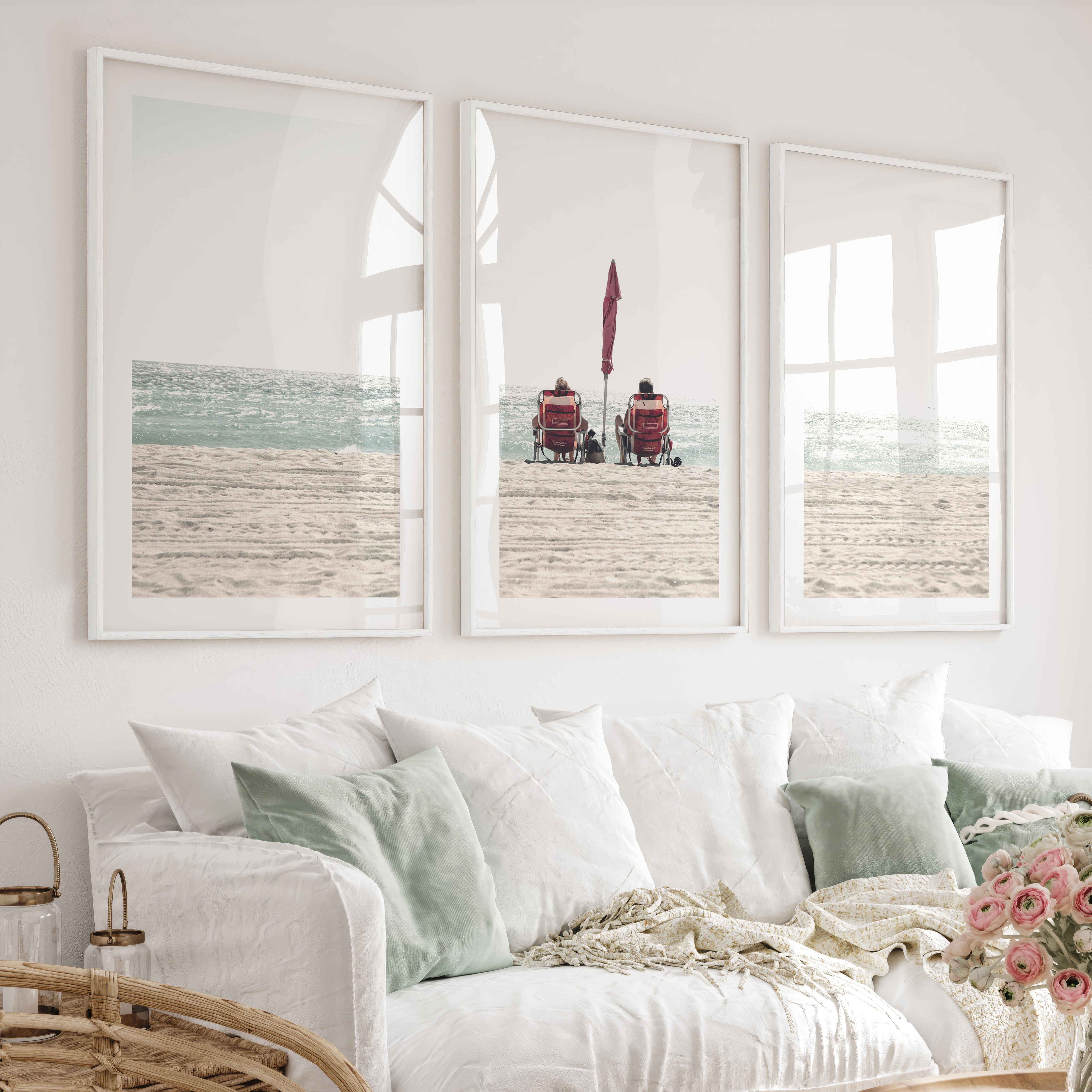 Red Chairs by the Ocean beach pictures to hang on wall - White Framed Poster with White Border - Artworksets